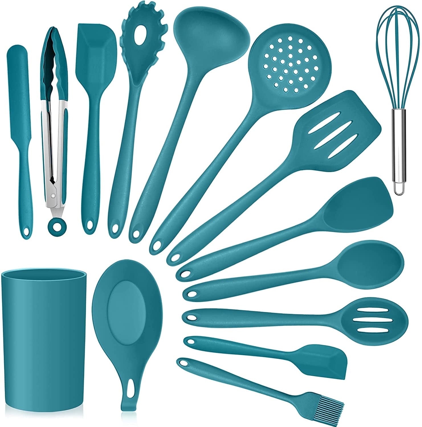 Seamless One-Piece 15-Piece Kitchen Utensils Set, Silicone Cooking Utensils with Holder, Non-stick Cookware Friendly & Heat Resistant - ... - Ergonomic Kitchen Tongs and Cooking Spoon Utensil - Default Title