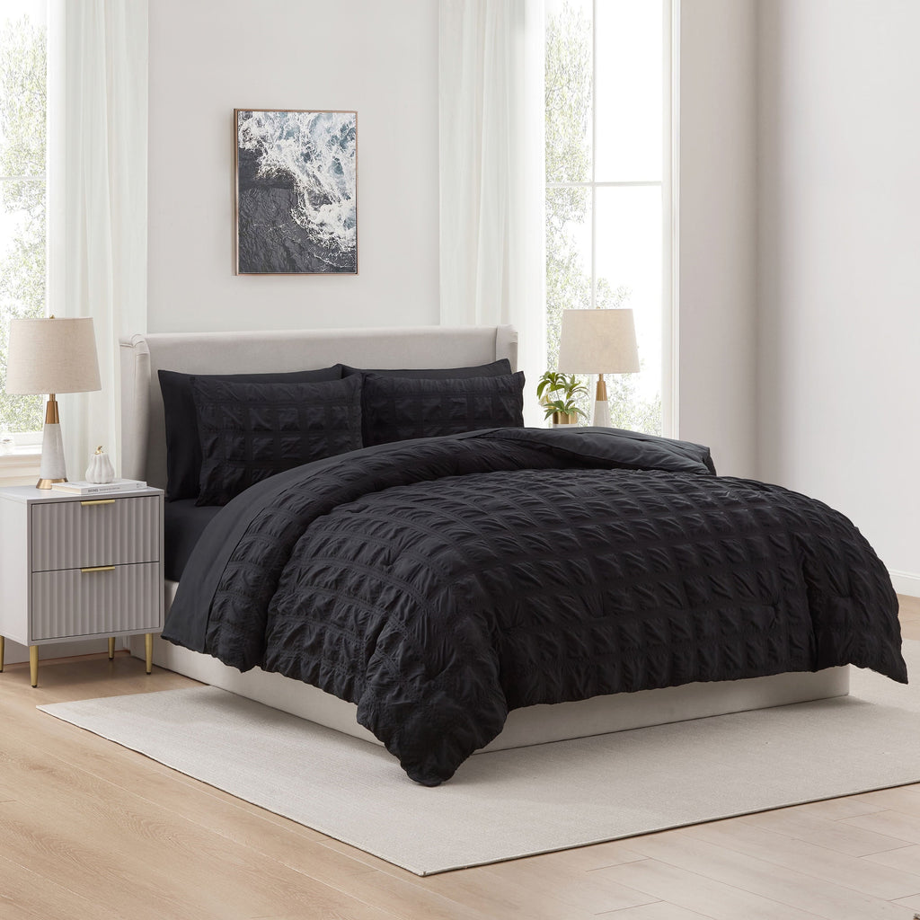 All-Season Queen Comforter Set, Seersucker Queen Size Comforter Set, 7-Pc All Season Bedding Comforter Set, Black - Hypoallergenic Ultra-Fluffy Quilt for Winter - Default Title