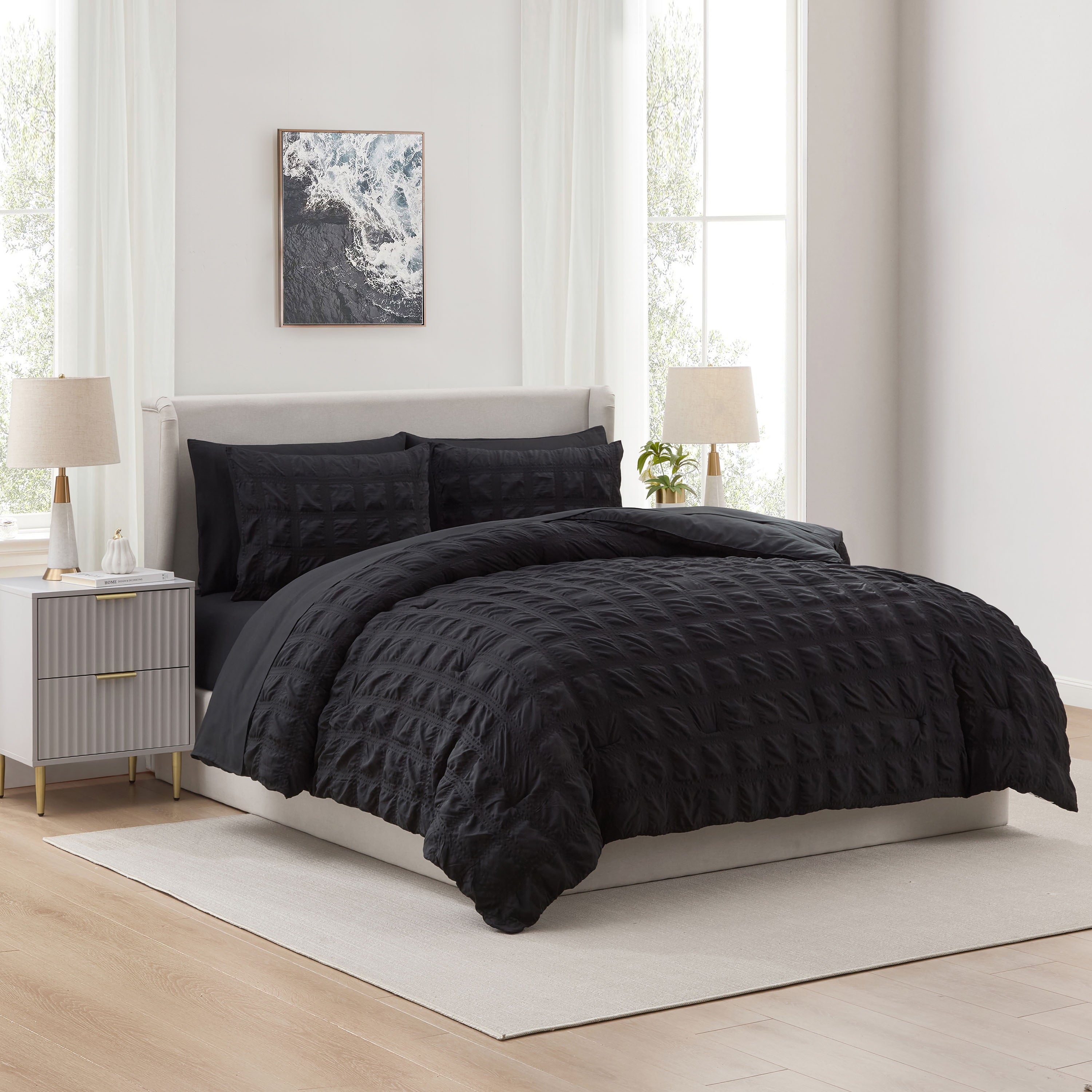 All-Season Queen Comforter Set, Seersucker Queen Size Comforter Set, 7-Pc All Season Bedding Comforter Set, Black - Hypoallergenic Ultra-Fluffy Quilt for Winter - Default Title