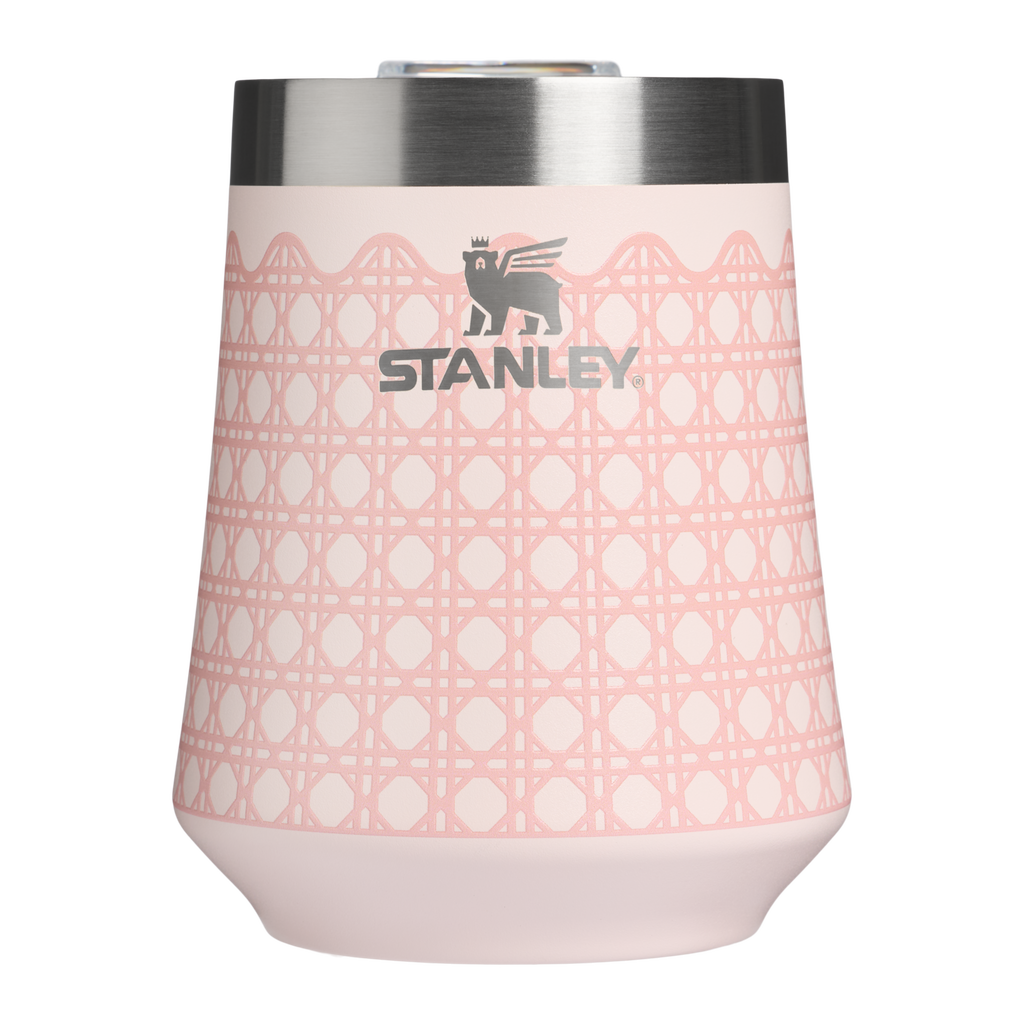 Elegant Stemless The Reserve Wine Tumbler D352C - Shatterproof Flavor-Preserving Cocktail Tumbler with Lid - Rose Quartz Rattan
