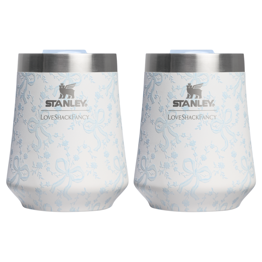 Shatterproof Luxury Stanley 1913 x LoveShackFancy Holiday The Reserve Wine Tumbler Set | 2-pack D205C - Premium Insulated Egg-Shaped Wine Glass for Outdoors - Coquette Bow Winter Ice