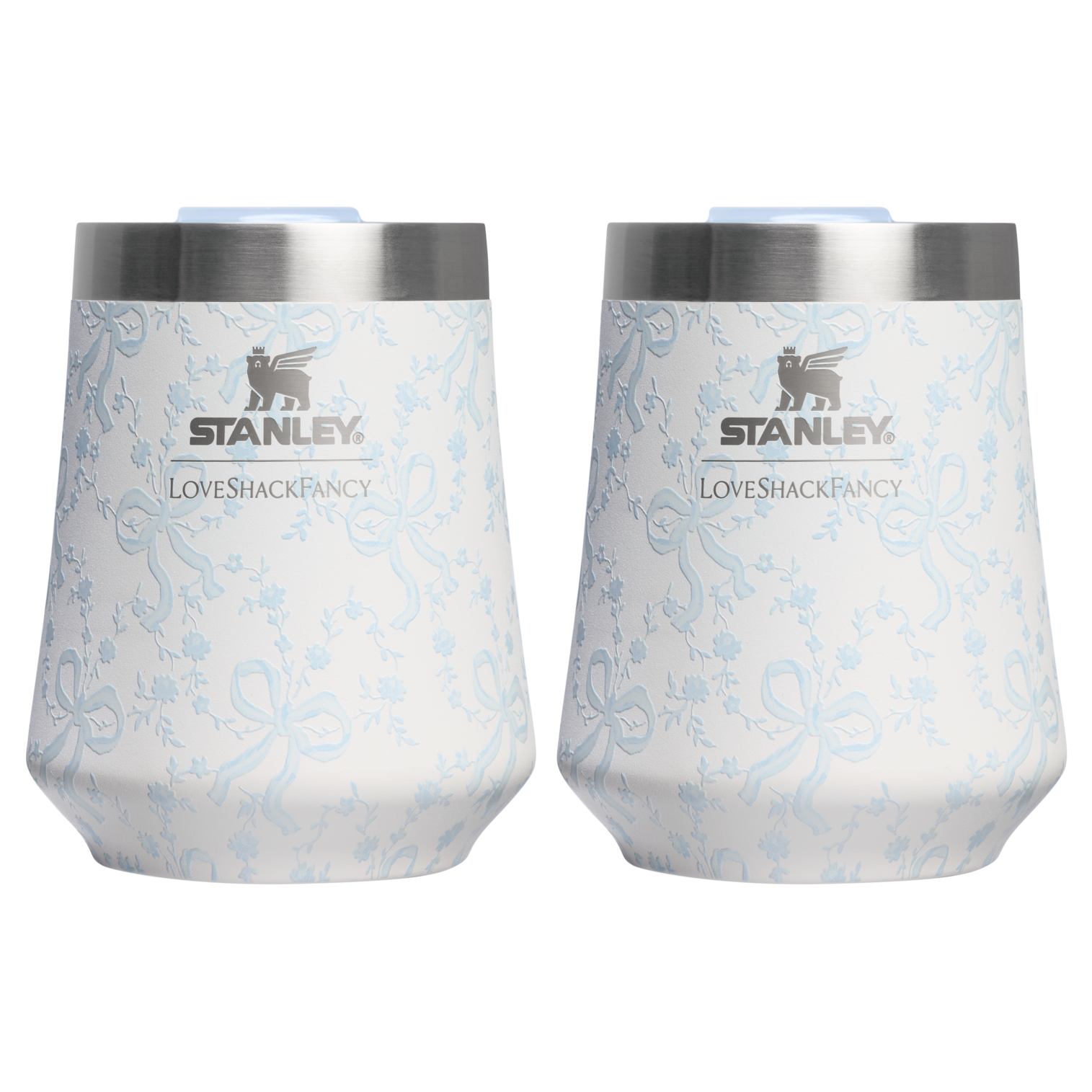 Shatterproof Luxury Stanley 1913 x LoveShackFancy Holiday The Reserve Wine Tumbler Set | 2-pack D205C - Premium Insulated Egg-Shaped Wine Glass for Outdoors - Coquette Bow Winter Ice