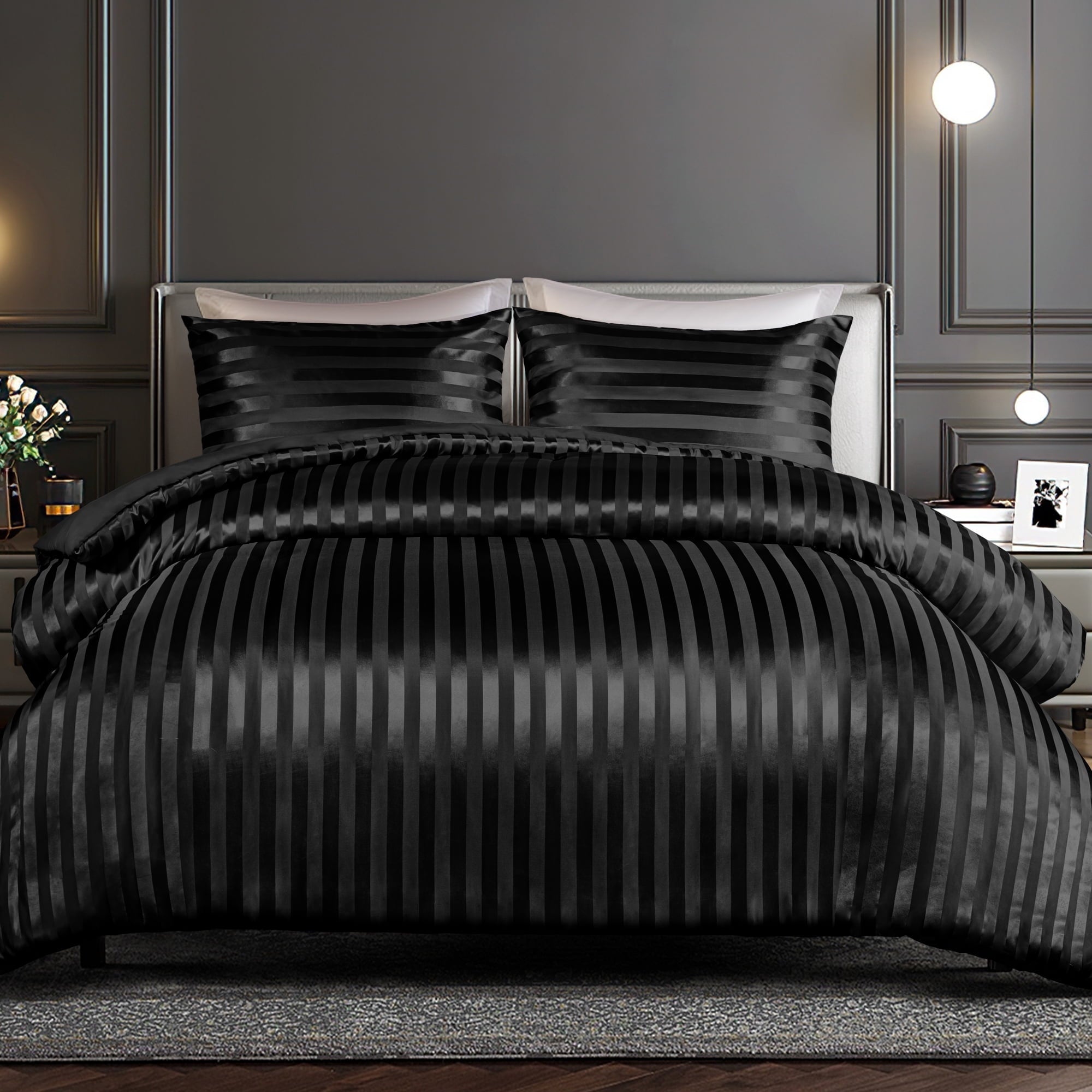 Luxurious Quilted 3-Piece Reversible Silky Soft King Size Comforter Set, Luxury Stripe Satin Oversized Comforter Bedding Set with 2 Sat... - Cloud-Like Soft Lightweight Bed Comforter - Default Title