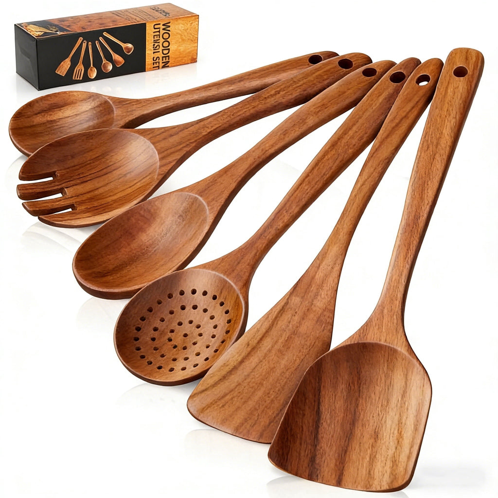 Non-Stick Safe Wooden Spoons for Cooking, 6 PCS Teak Wood Cooking Utensil Set, Wooden Kitchen Utensils for Nonstick Pans & Cookware,... - Ergonomic Kitchen Tongs and Cooking Spoon Utensil - Default Title