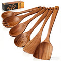 Non-Stick Safe Wooden Spoons for Cooking, 6 PCS Teak Wood Cooking Utensil Set, Wooden Kitchen Utensils for Nonstick Pans & Cookware,... - Ergonomic Kitchen Tongs and Cooking Spoon Utensil - Default Title