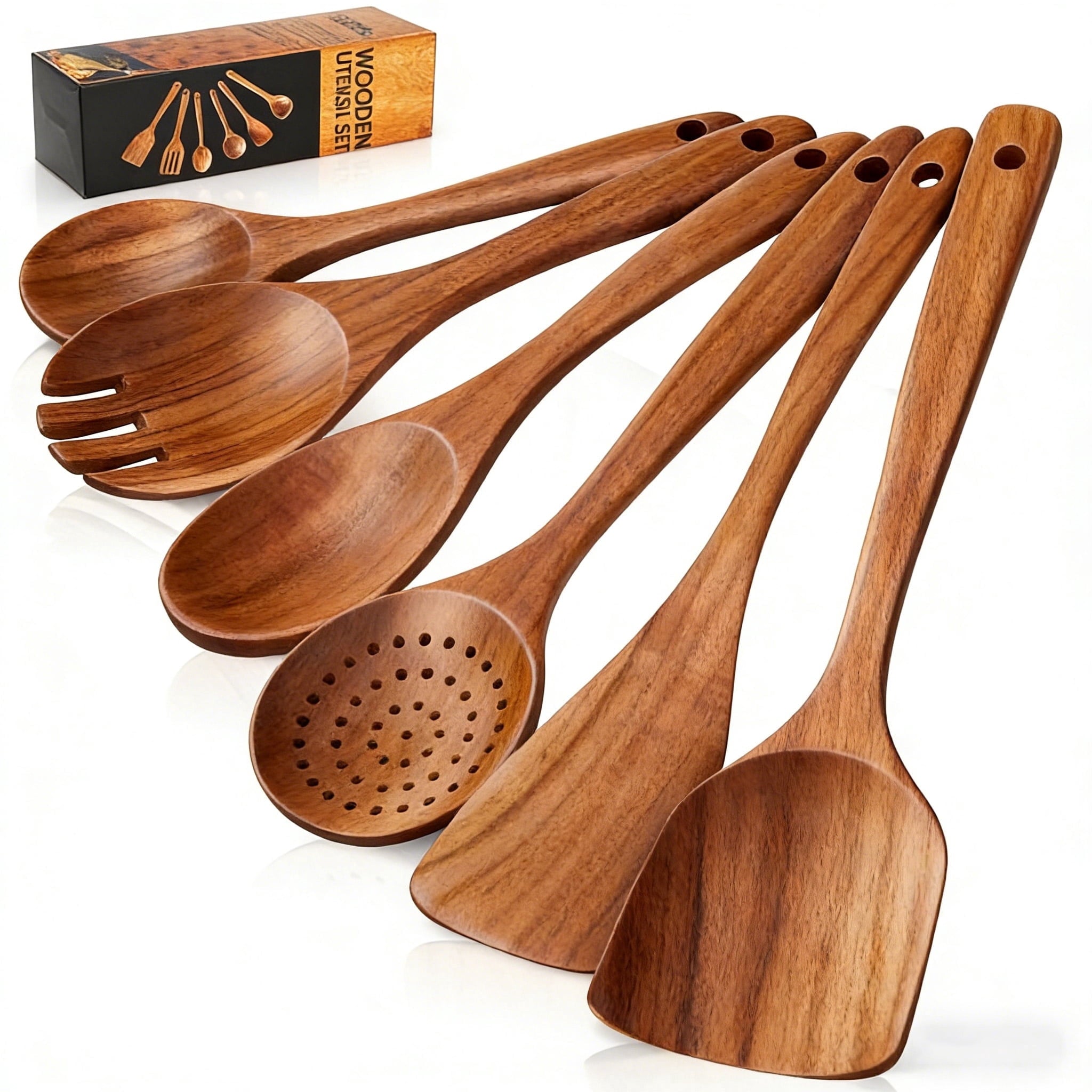 Non-Stick Safe Wooden Spoons for Cooking, 6 PCS Teak Wood Cooking Utensil Set, Wooden Kitchen Utensils for Nonstick Pans & Cookware,... - Ergonomic Kitchen Tongs and Cooking Spoon Utensil - Default Title