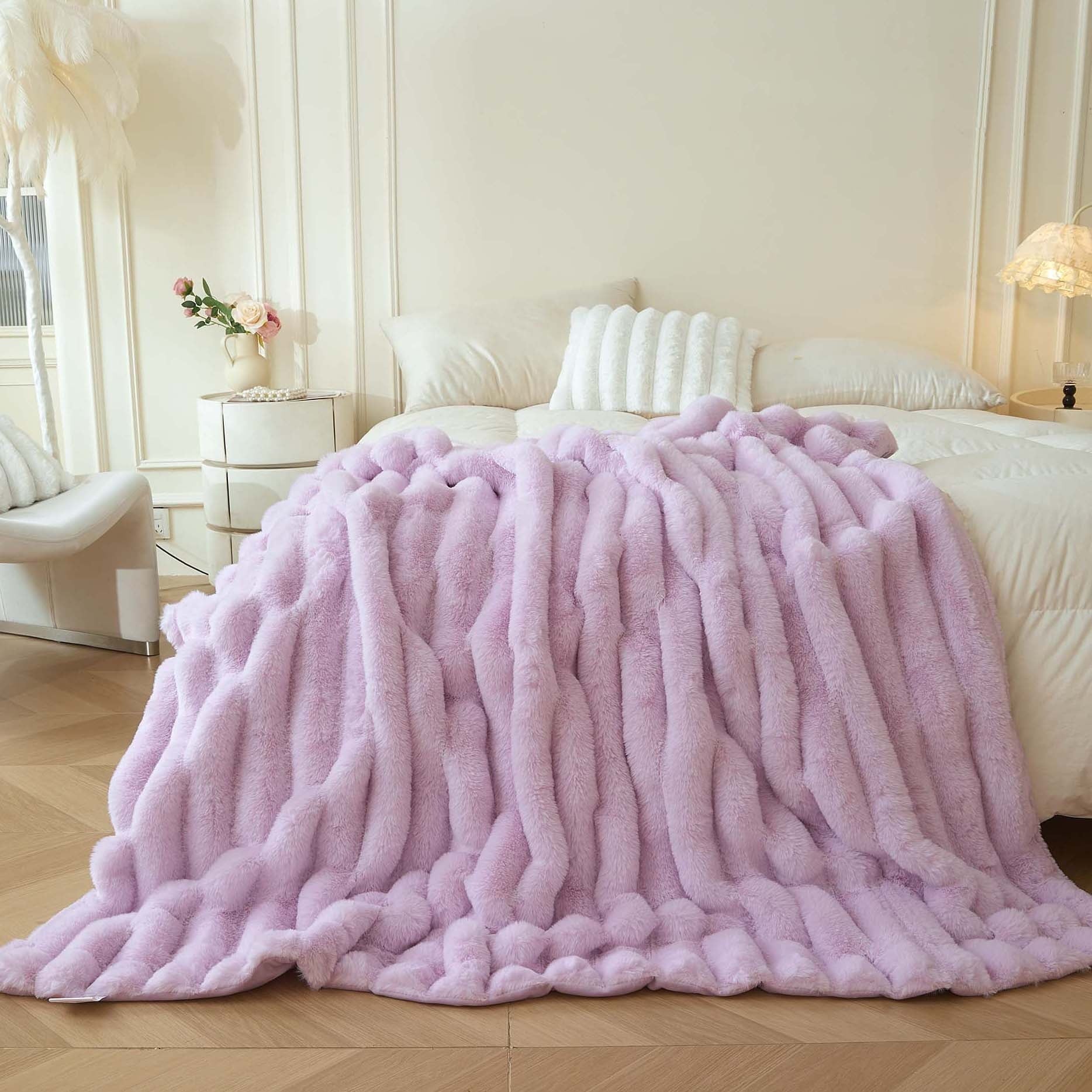 Reversible Sherpa Fluffy Faux Rabbit Fur Throw, Cozy Wide Stripe Plush Fuzzy Blanket for Bed Couch Sofa Chair, Light Purple Shaggy Thro... - Cozy Fleece Throw Blanket for Couch & Bed - Default Title