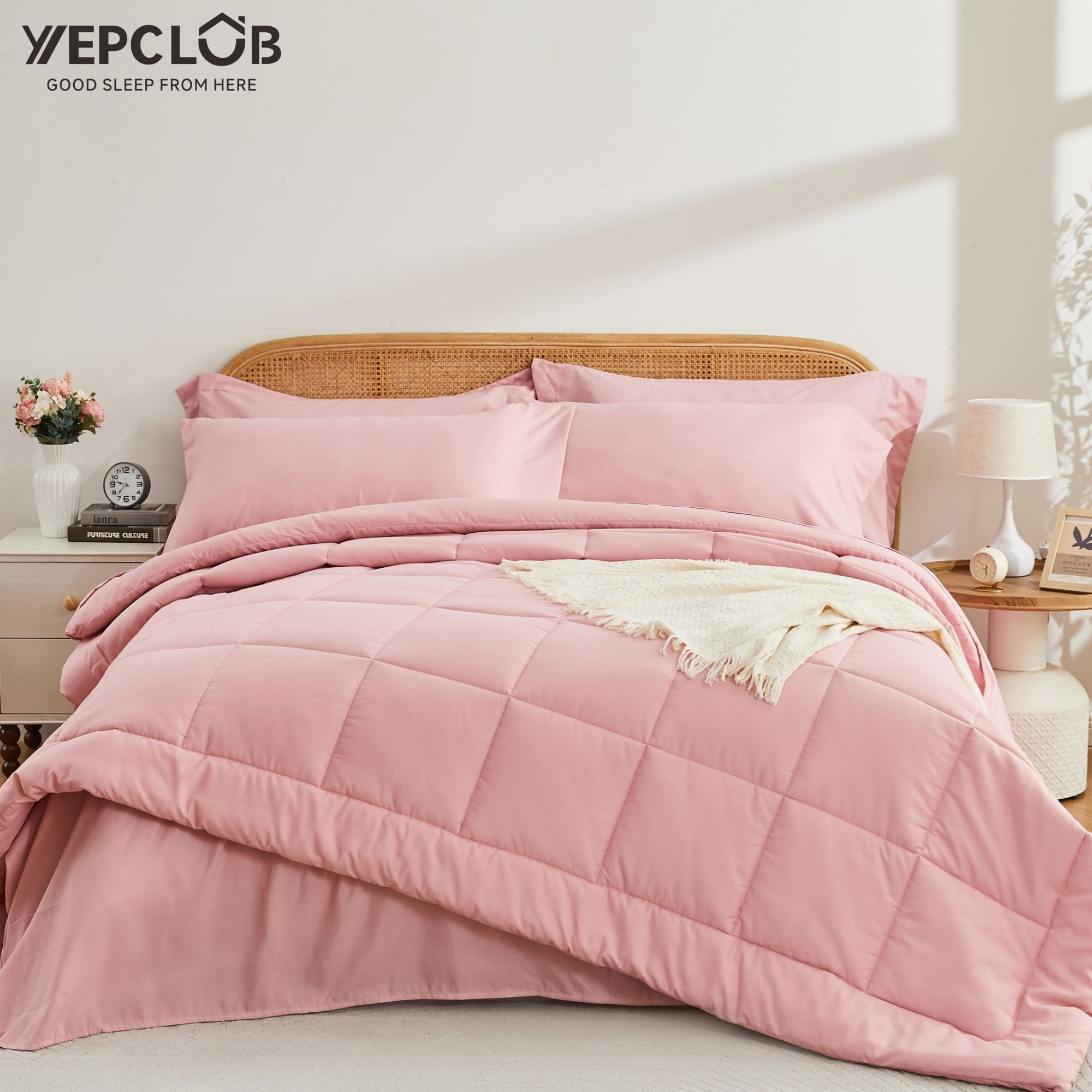 Fluffy Down Alternative 7-Piece Queen Size Comforter Set,Pink Reversible Bed in a Bag,All Season Solid Bedding Set with Sheets,Pillowcases & ... - Luxurious Quilted Duvet Cover Set - Default Title