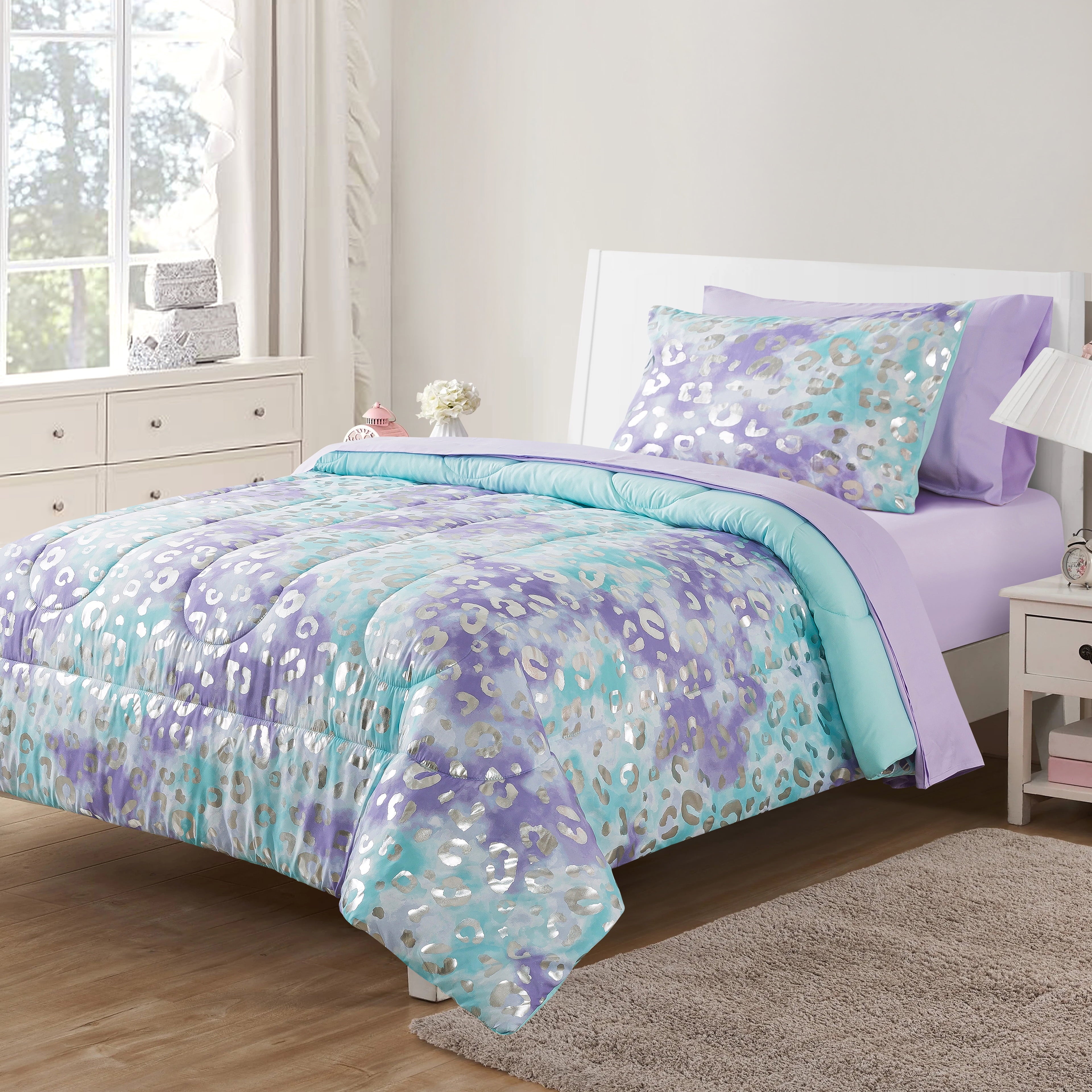 Luxurious Quilted 5-Piece Purple Metallic Foil Cheetah Bedding Set for Kids with Storage Bag, Twin - Luxurious Quilted Duvet Cover Set - Default Title