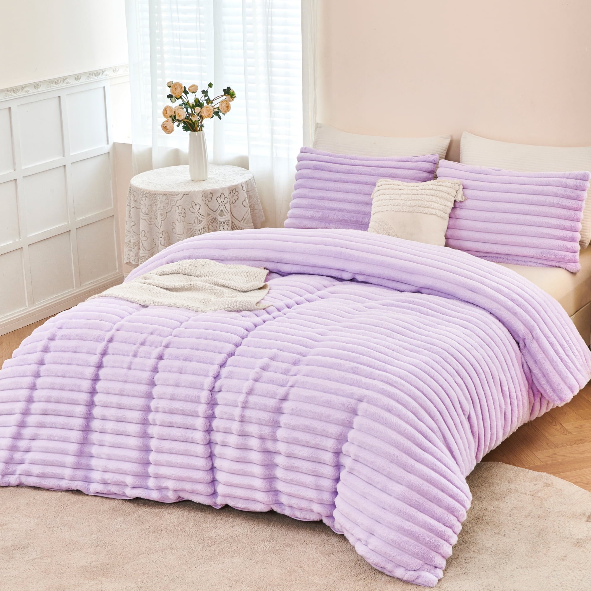Luxurious Quilted Fleece Twin Comforter Set, Light Purple Super Soft Furry Plush Bedding, Luxury Fluffy Fuzzy Heavy Bed Set for Winter ... - Hypoallergenic Ultra-Fluffy Quilt for Winter - Default Title