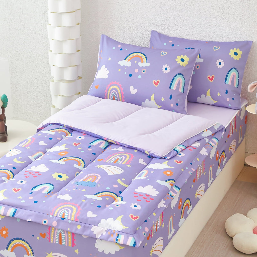 Heavyweight Warmth Zipper Kids Comforter Set, 3-Piece Purple Twin Bed in a Bag, Cartoon Rainbow Stars Flowers Printed Zip Up Comforter S... - All-Season Down Alternative Comforter Insert - Default Title