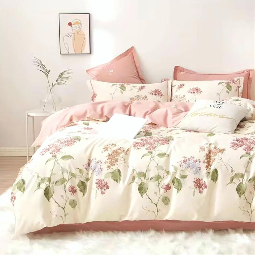 All-Season White with Pink Flowers King Comforter Sets, 3 Pieces Chic Garden Style Reversible Bedding Sets for Adults All Season - Cloud-Like Soft Lightweight Bed Comforter Detail