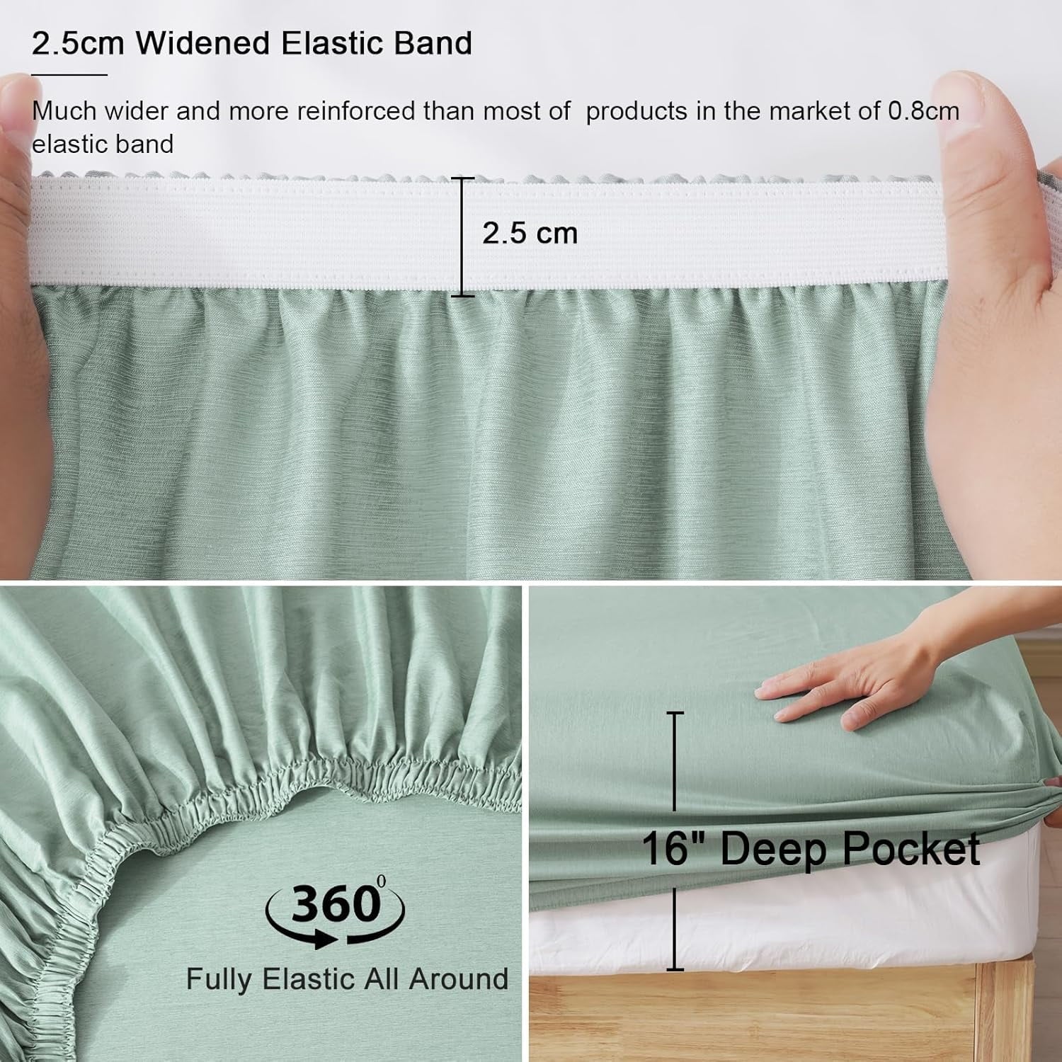 Cooling Sateen Bamboo Bed Sheet Sets, 4 Pieces King Silky Soft Bedding Sheets, 1800 Thread Count 16 Inch Deep Pockets, Sage Green - Breathable Egyptian Cotton Flat & Fitted Sheets Detail
