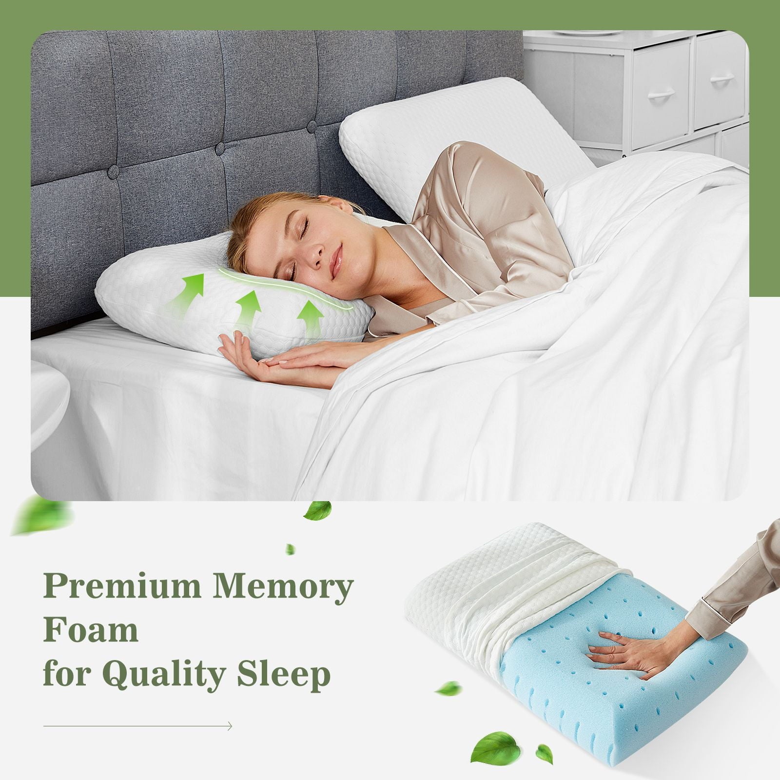 Decorative Plump Memory Foam Pillow for Sleeping, 24"D x 16"W x 4.7"H, Soft Supportive Hotel Pillow for Bed, Washable Cover, Set of 2 - Decorative Throw Pillow Cushion for Sofa & Bed Detail