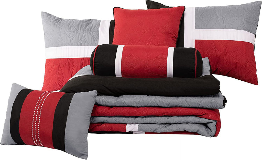 Hypoallergenic Cloud 7-Piece Medallion Patchwork Comforter Set, Full, Red/Gray/Black - Luxurious Quilted Duvet Cover Set Detail