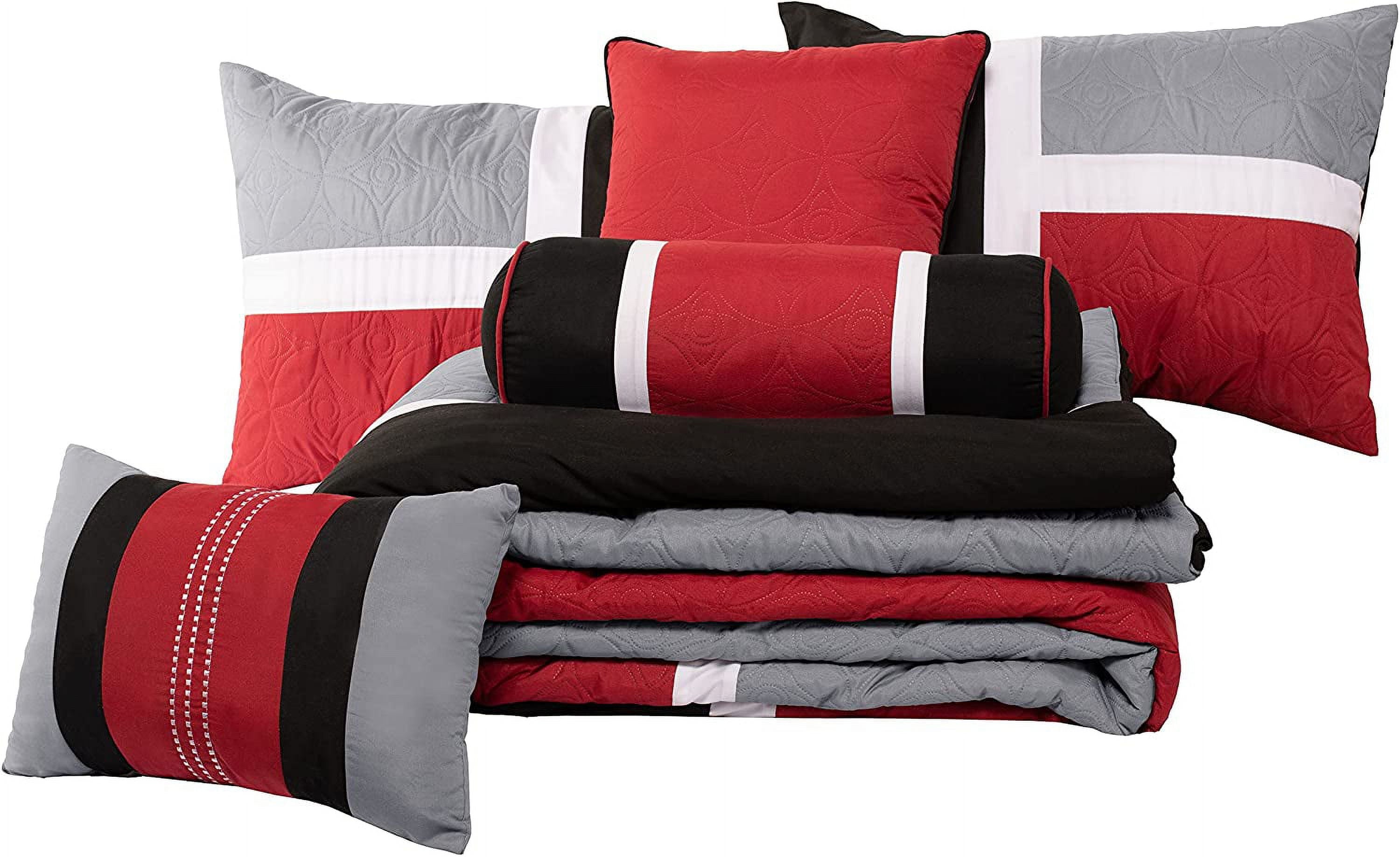 Hypoallergenic Cloud 7-Piece Medallion Patchwork Comforter Set, Full, Red/Gray/Black - Luxurious Quilted Duvet Cover Set Detail