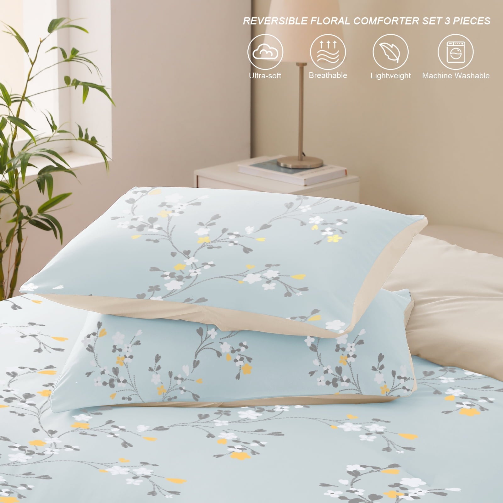 All-Season 3-Piece Floral King Size Comforter Set, Microfiber Bedding Down Alternative Comforter for All Seasons with 2 Pillow S... - Luxurious Quilted Duvet Cover Set Detail