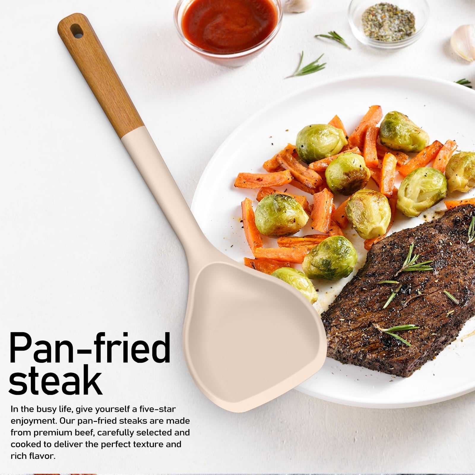 Ergonomic Cooking Large Silicone Cooking Utensils - Heat Resistant Kitchen Utensil Set with Wooden Handles, Spatula,Turner, Slotted Spo... - Premium Stainless Steel Cooking Utensil for Non-Stick Pots Detail