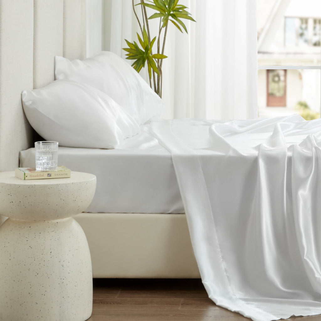 Ultra-Soft Satin Sheets Full Sheet Set Deep Pocket Luxury Silky Bed Sheets for Hair and Skin 4 Pieces, White - Premium Ultra-Soft Pillowcase Pair for Sleeping Detail