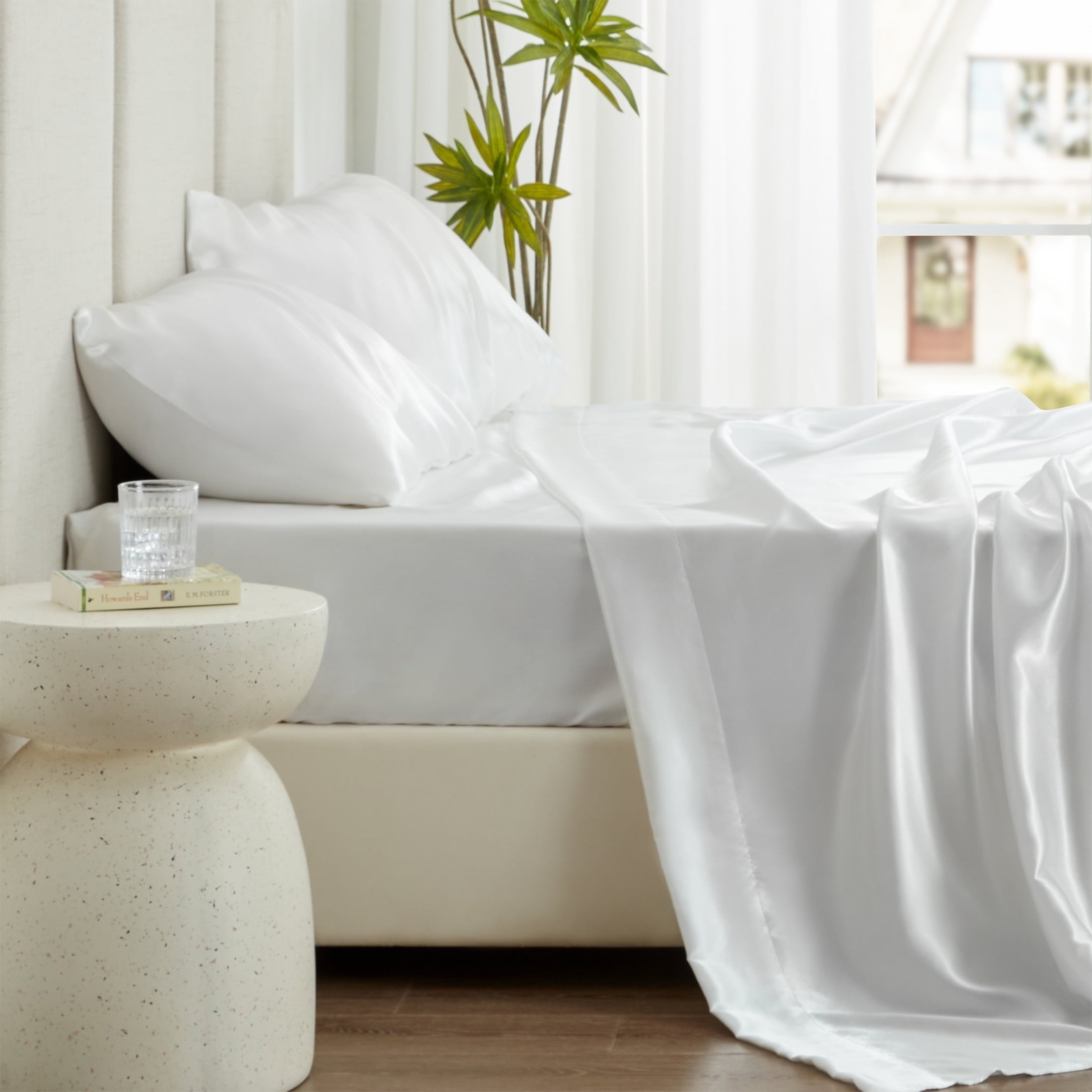 Ultra-Soft Satin Sheets Full Sheet Set Deep Pocket Luxury Silky Bed Sheets for Hair and Skin 4 Pieces, White - Premium Ultra-Soft Pillowcase Pair for Sleeping Detail