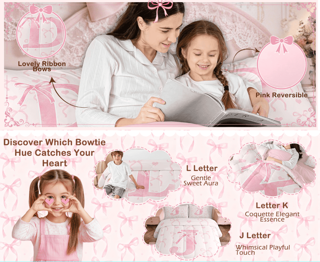 Heavyweight Warmth Kawaii Bowknot Bedding Sets Full with Comforter, Initial H Duvet Insert, Romantic Initial A-Z Decor, Reversible - All-Season Down Alternative Comforter Insert Detail