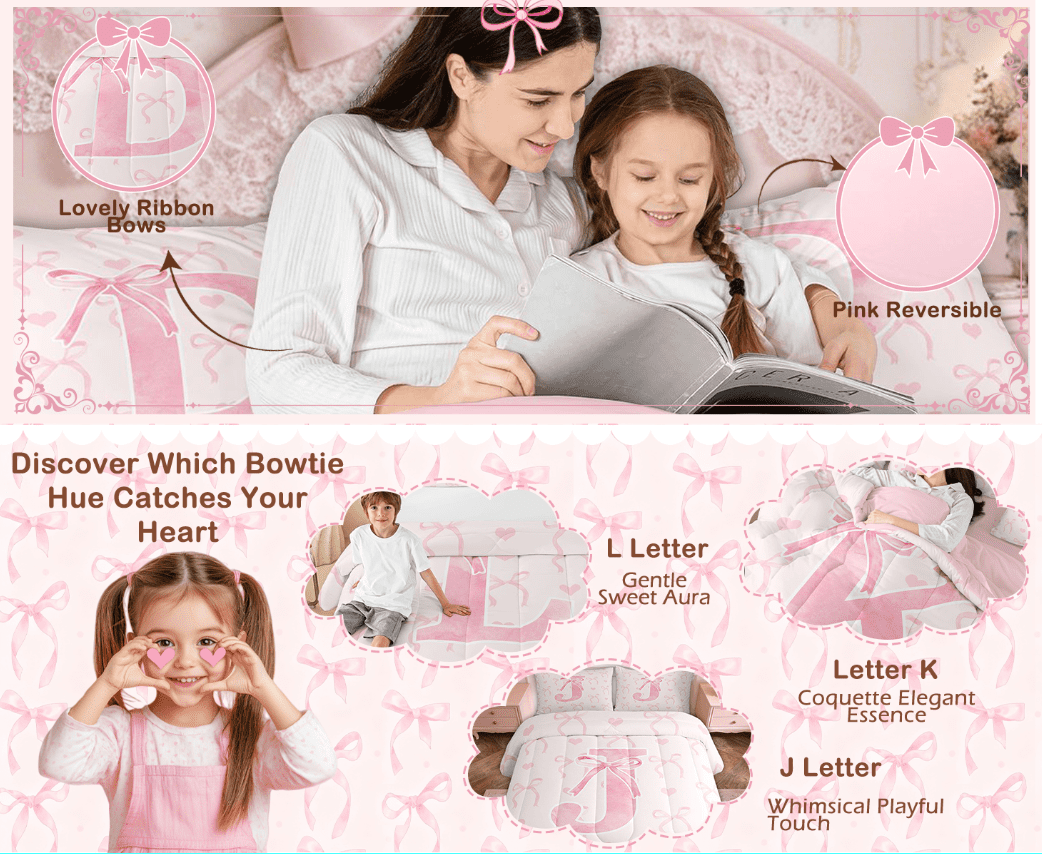 Heavyweight Warmth Kawaii Bowknot Bedding Sets Full with Comforter, Initial H Duvet Insert, Romantic Initial A-Z Decor, Reversible - All-Season Down Alternative Comforter Insert Detail