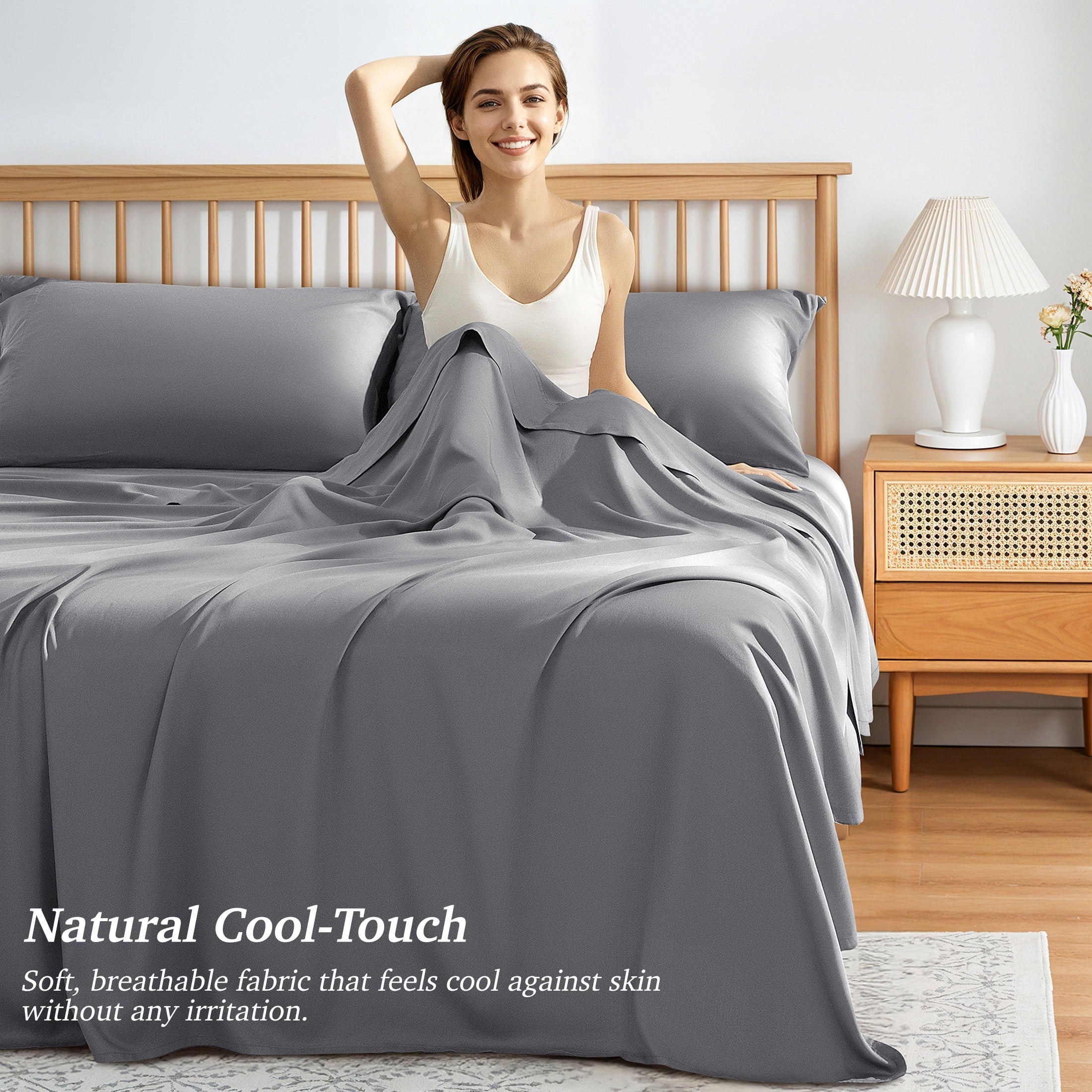 Wrinkle-Resistant Bamboo Queen Sheet Set, Luxury Soft 4 Pieces Bed Sheets with 18" Deep Pocket, Gray - Breathable Egyptian Cotton Flat & Fitted Sheets Detail