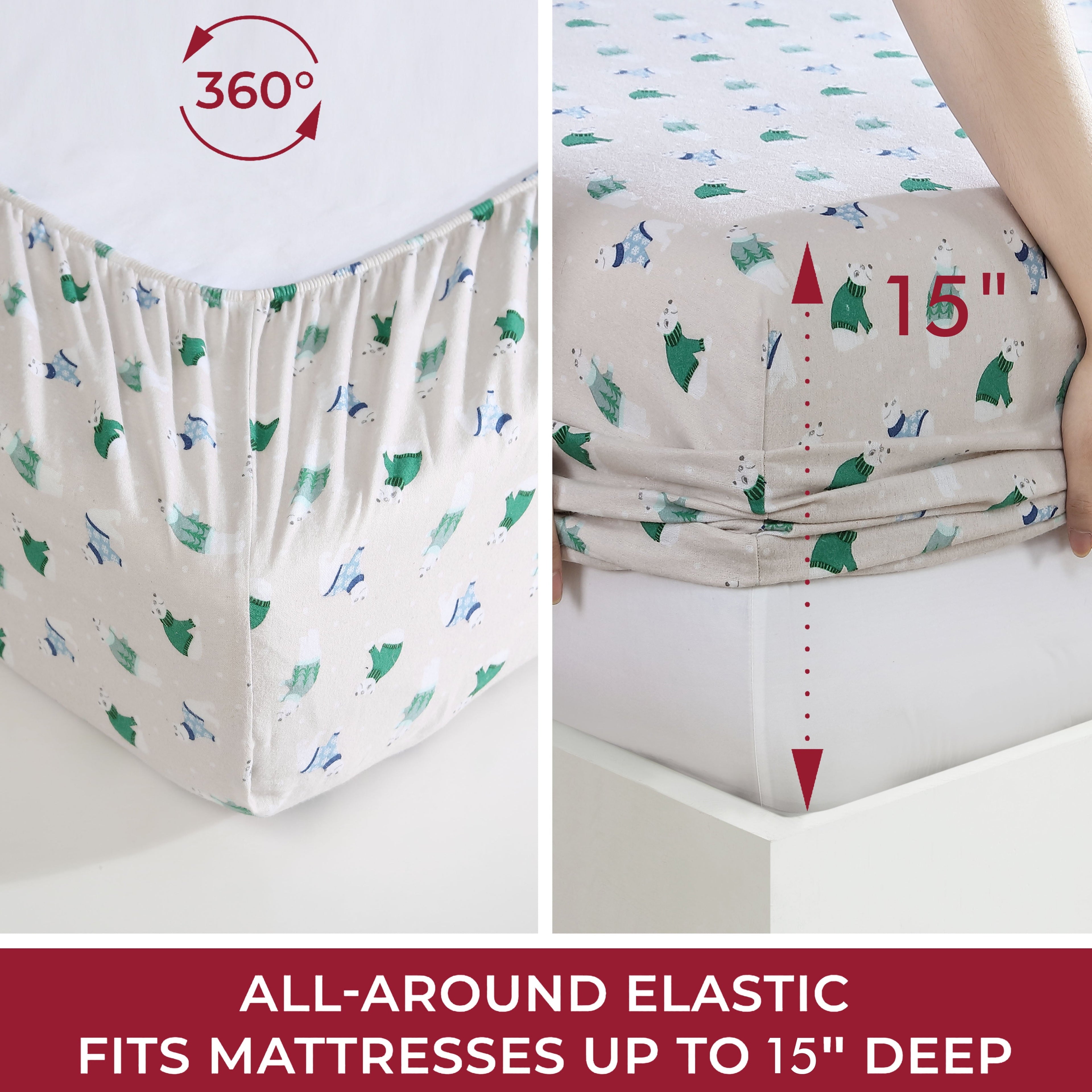 Breathable Luxury Winter Nights Cotton Flannel Sheet Set, King, Holiday Bears - Cooling Hotel Quality Bedding Sheets and Pillowcases Detail