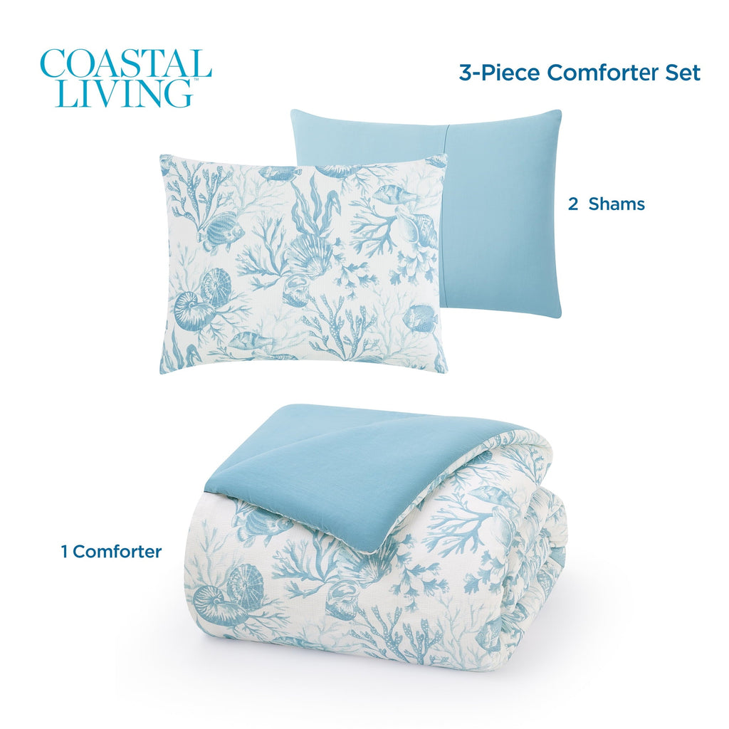 All-Season 3-Piece Lightweight 100% Cotton Blue & White Ocean Print Comforter Set, Full/Queen - All-Season Down Alternative Comforter Insert Detail