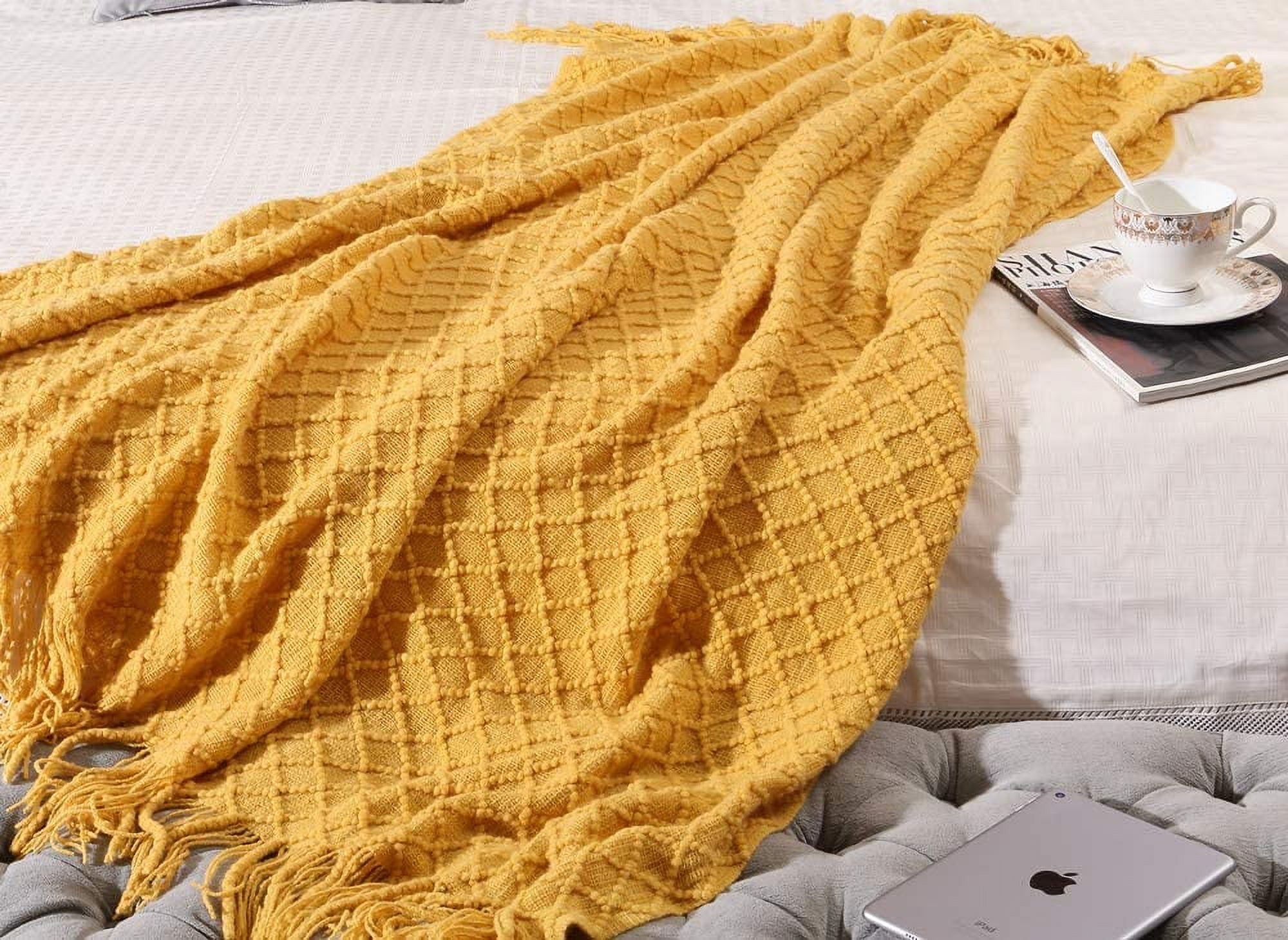 Decorative Knitted Decorative Soft Spring Summer Fall Throw Blanket ,for Couch Sofa Chair Bed,50''X60'',Mustard Yellow - Super Soft Reversible Sherpa Flannel Blanket Detail