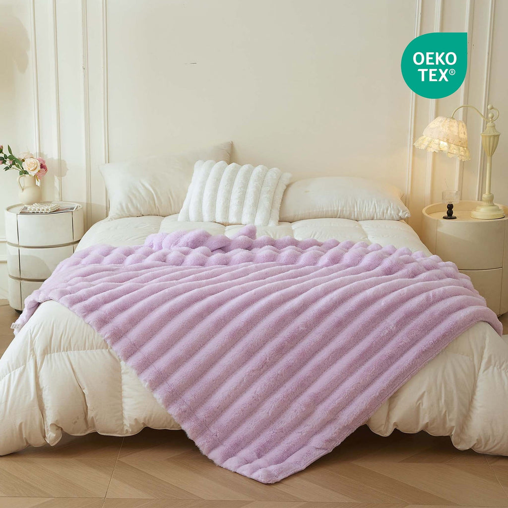 Reversible Sherpa Fluffy Faux Rabbit Fur Throw, Cozy Wide Stripe Plush Fuzzy Blanket for Bed Couch Sofa Chair, Light Purple Shaggy Thro... - Cozy Fleece Throw Blanket for Couch & Bed Detail