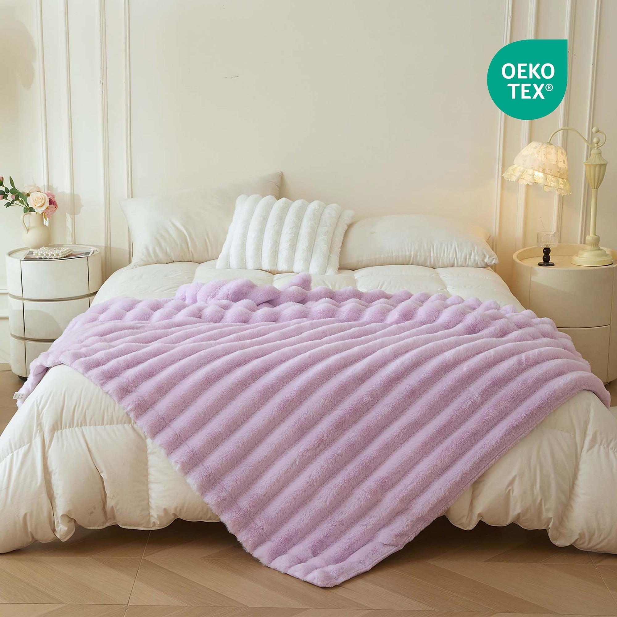 Reversible Sherpa Fluffy Faux Rabbit Fur Throw, Cozy Wide Stripe Plush Fuzzy Blanket for Bed Couch Sofa Chair, Light Purple Shaggy Thro... - Cozy Fleece Throw Blanket for Couch & Bed Detail