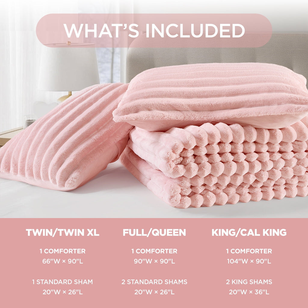 Luxurious Quilted Full/Queen Size Comforter Set, Fluffy Ribbed Plush Comforter Set, 3-Piece Bedding Set, Pink - Luxurious Quilted Duvet Cover Set Detail
