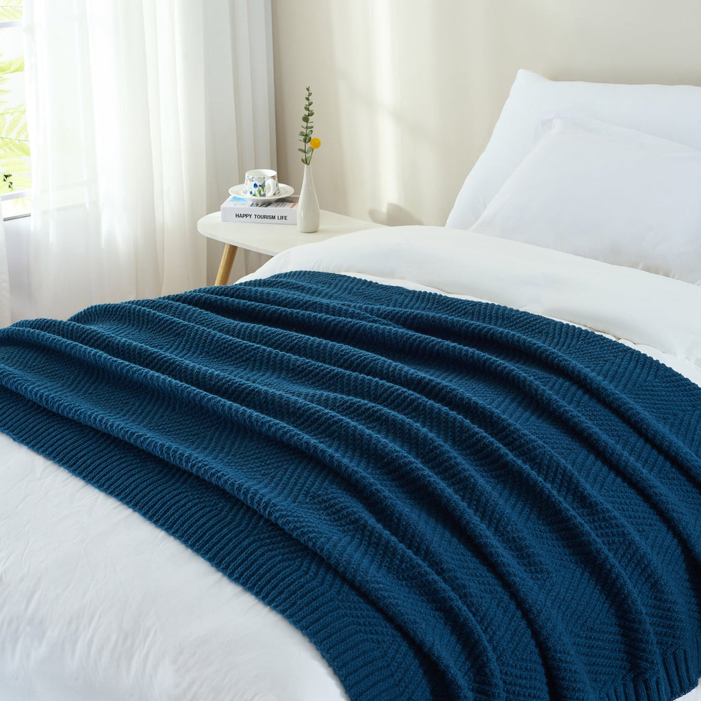 Lightweight Warm Soft Knitted Throw Blanket 50" x 60" Navy Blue, Boho Chevron Farmhouse Throw for Bed Couch - Super Soft Reversible Sherpa Flannel Blanket Detail
