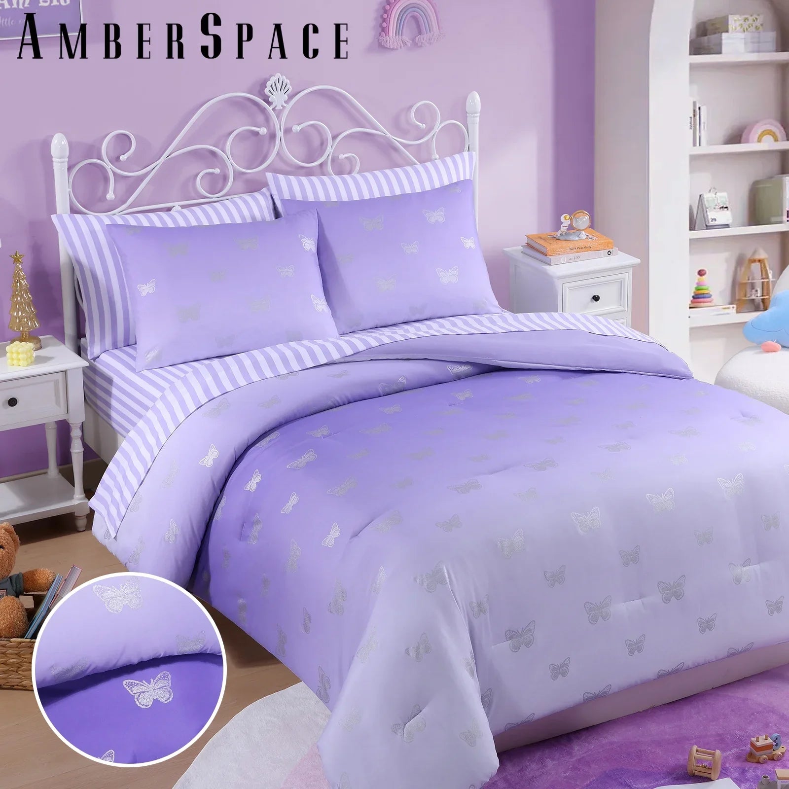Heavyweight Warmth gold foil Design 7-piece Bed in a Bag Comforter Set with Sheets,Purple/Silver Butterflies,Full - Cloud-Like Soft Lightweight Bed Comforter Detail