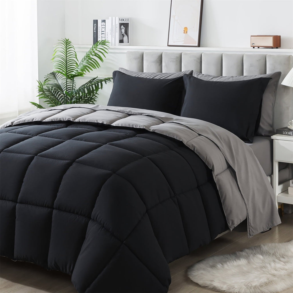 All-Season Queen Size 7 Piece Comforter Set | Bed in a Bag for Unisex Adult | Black/Gray - All-Season Down Alternative Comforter Insert Detail