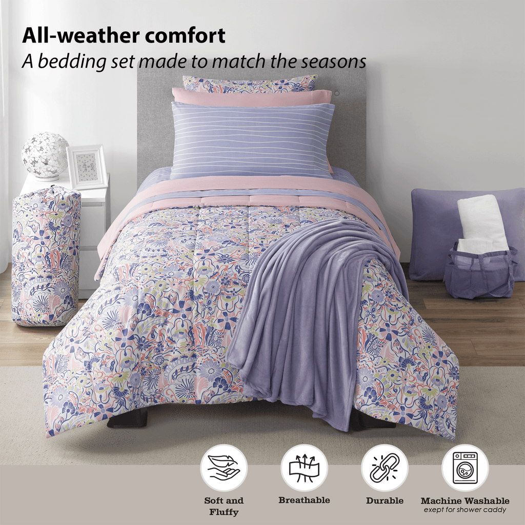 Heavyweight Warmth 14pc College Dorm Essentials Bundle, Twin-XL, Reversible Bed in a Bag Comforter Set, Purple Floral - Luxurious Quilted Duvet Cover Set Detail
