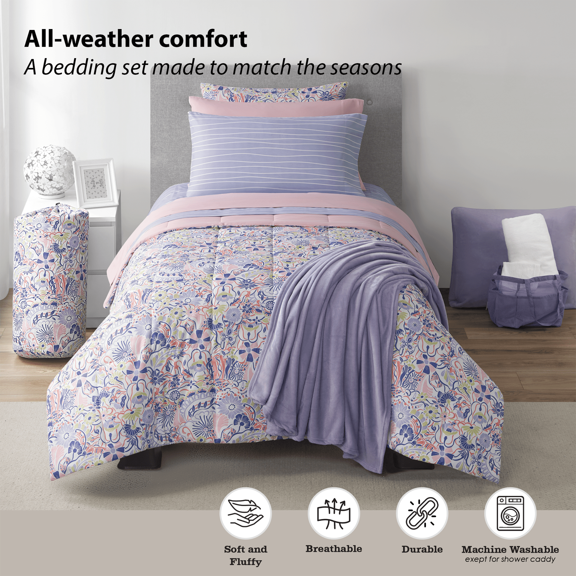 Heavyweight Warmth 14pc College Dorm Essentials Bundle, Twin-XL, Reversible Bed in a Bag Comforter Set, Purple Floral - Luxurious Quilted Duvet Cover Set Detail