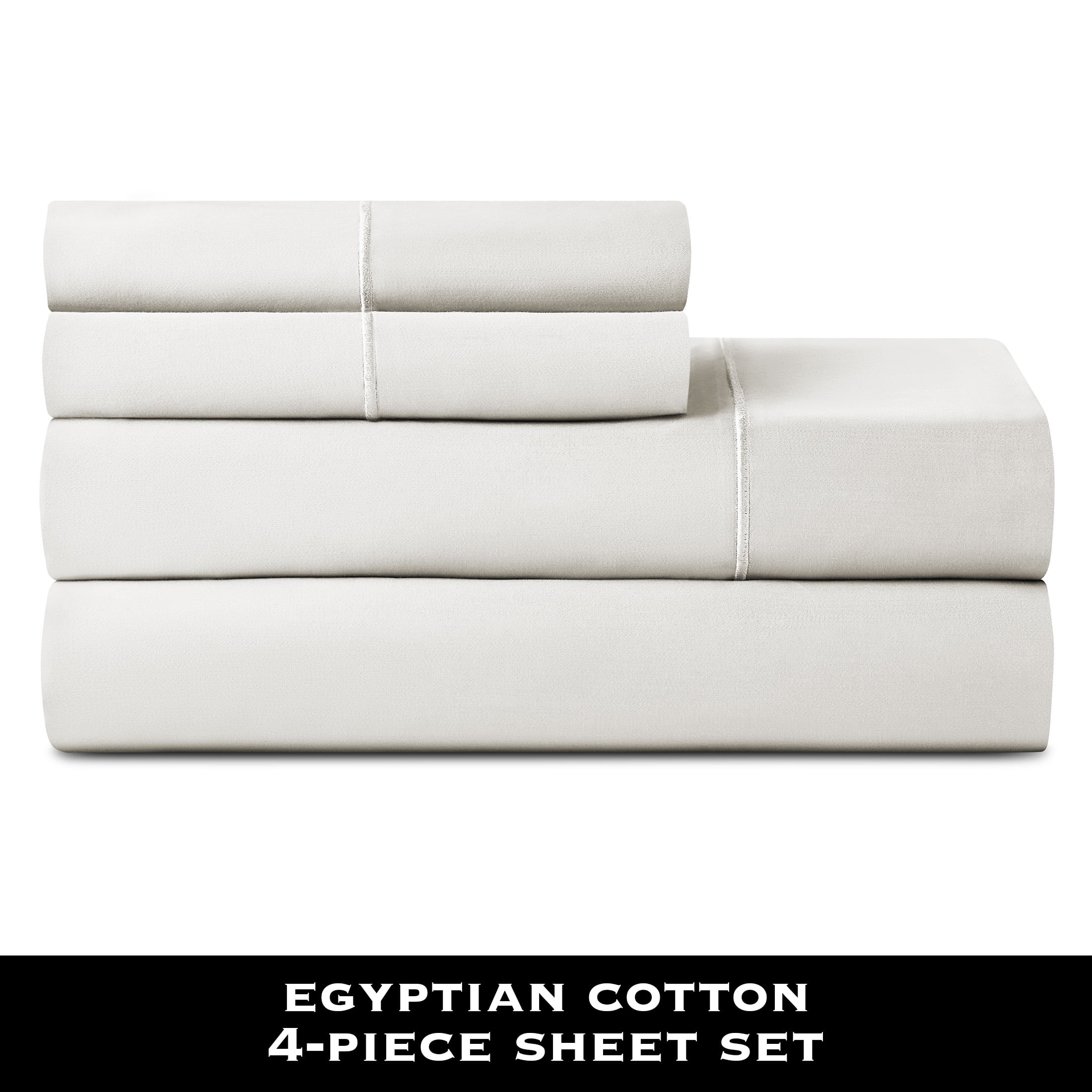 Wrinkle-Resistant 4-Piece 600 Thread Count White Egyptian Cotton Adult Bed Sheet Set, King - Deep Pocket - Breathable Egyptian Cotton Flat & Fitted Sheets Detail