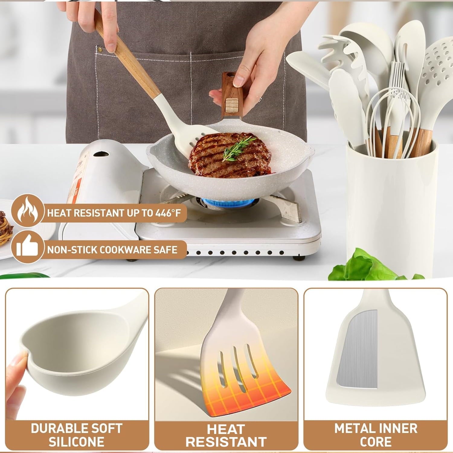 Premium Silicone Cooking Utensils Set, 12 packs Non-Stick Silicone Cooking Kitchen Utensils Spatula Set with Wooden Handles and... - Heat-Resistant Silicone Cooking Spatula Turner Detail