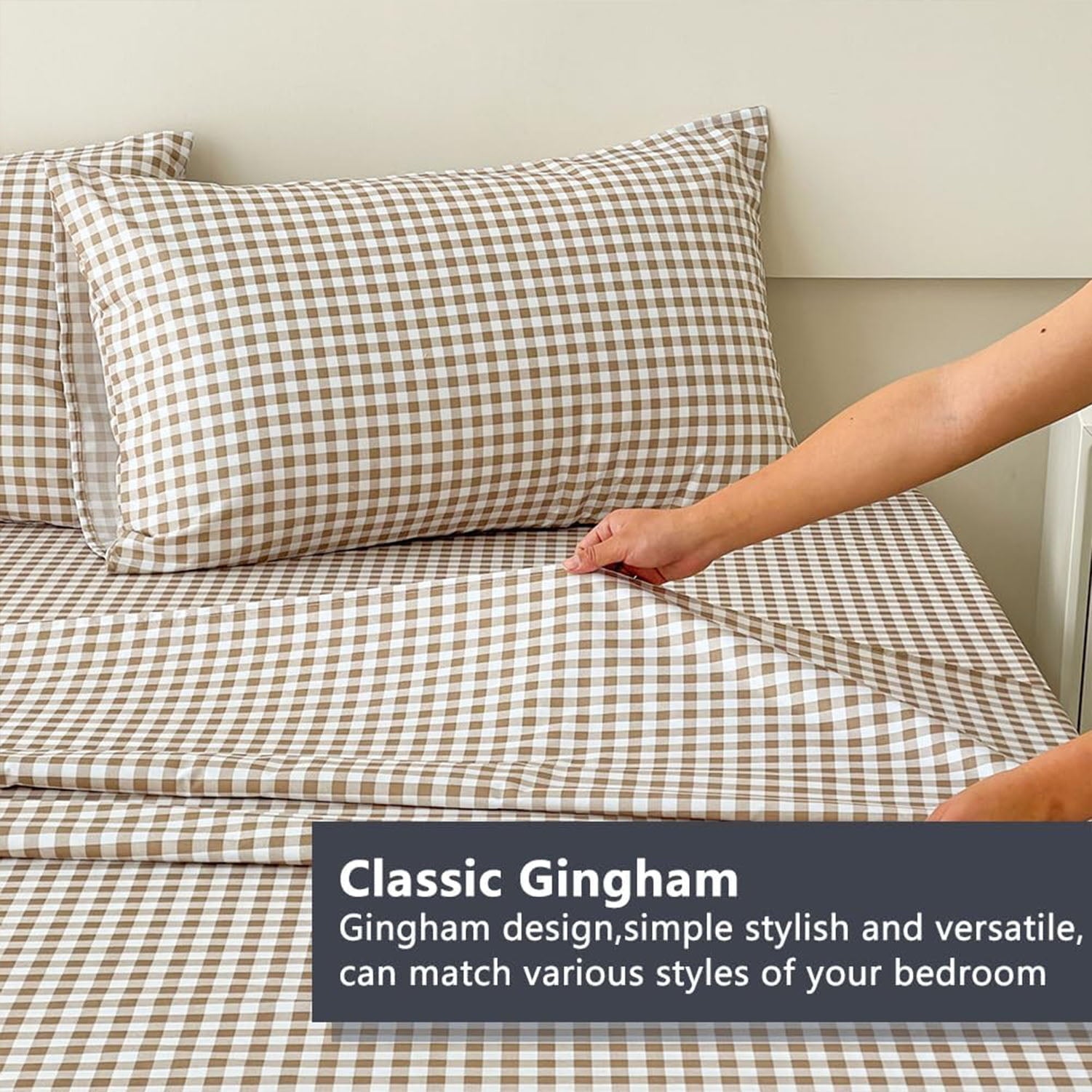 Premium Egyptian Cotton Sheet Set, Soft Brushed Microfiber Taupe Plaid Sheets, 4-Piece Brown Grid Set with Deep Pocket - Premium Ultra-Soft Pillowcase Pair for Sleeping Detail
