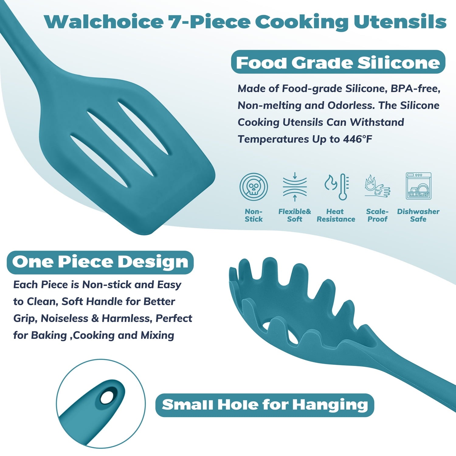 Seamless One-Piece 7-Piece Silicone Cooking Utensils Set, Blue Kitchen Utensils, Non-stick Gadgets Tools Include Slotted Turner, Soup La... - Premium Stainless Steel Cooking Utensil for Non-Stick Pots Detail