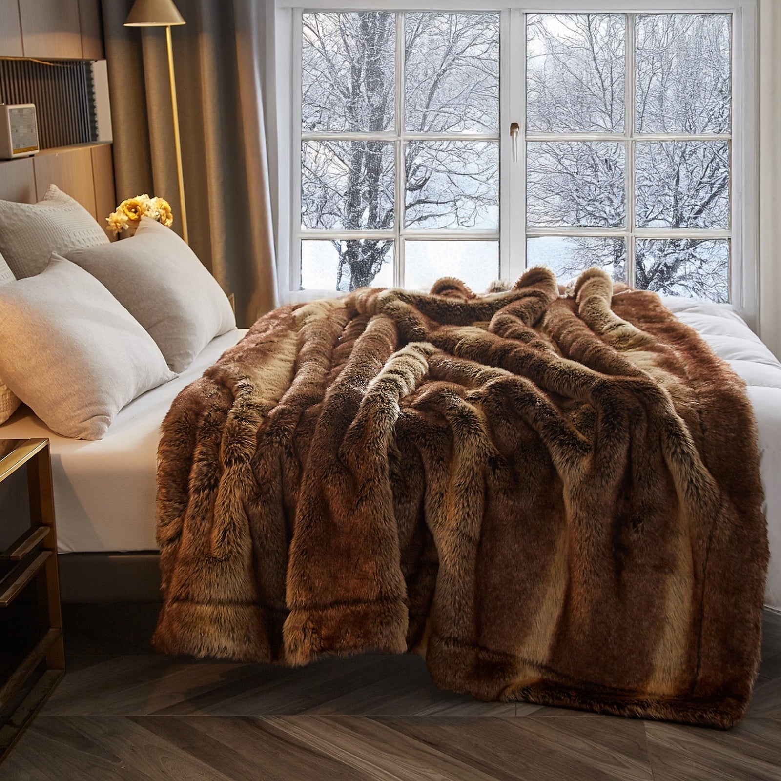 Super Soft Flannel Luxury Faux Fur Throw Blanket for Bed Super Thick Warm Long Fluff Fuzzy Blankets for Bedroom Living Room, 60" x 80", ... - Luxury Knitted Decorative Throw Blanket with Fringes Detail
