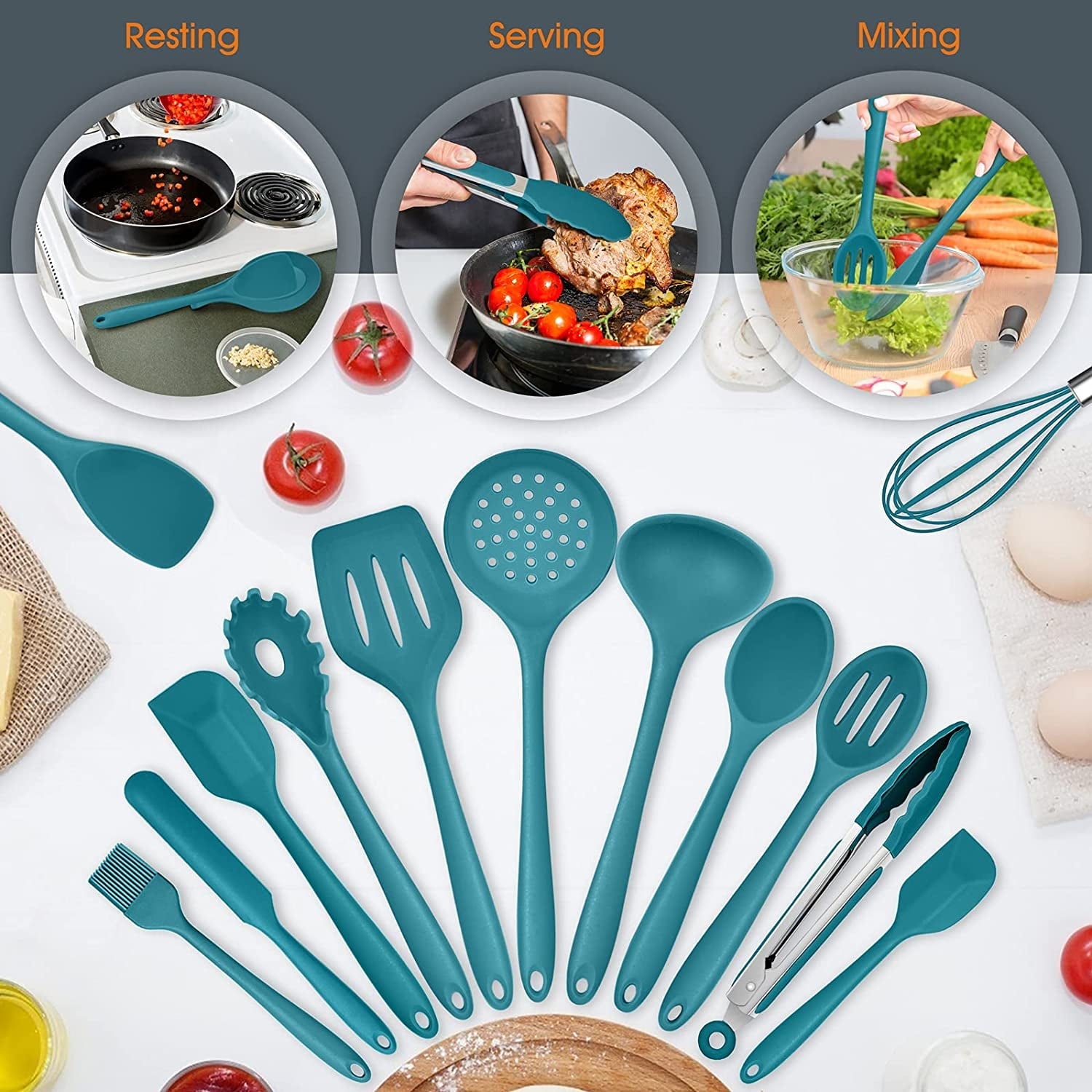 Seamless One-Piece 15-Piece Kitchen Utensils Set, Silicone Cooking Utensils with Holder, Non-stick Cookware Friendly & Heat Resistant - ... - Ergonomic Kitchen Tongs and Cooking Spoon Utensil Detail