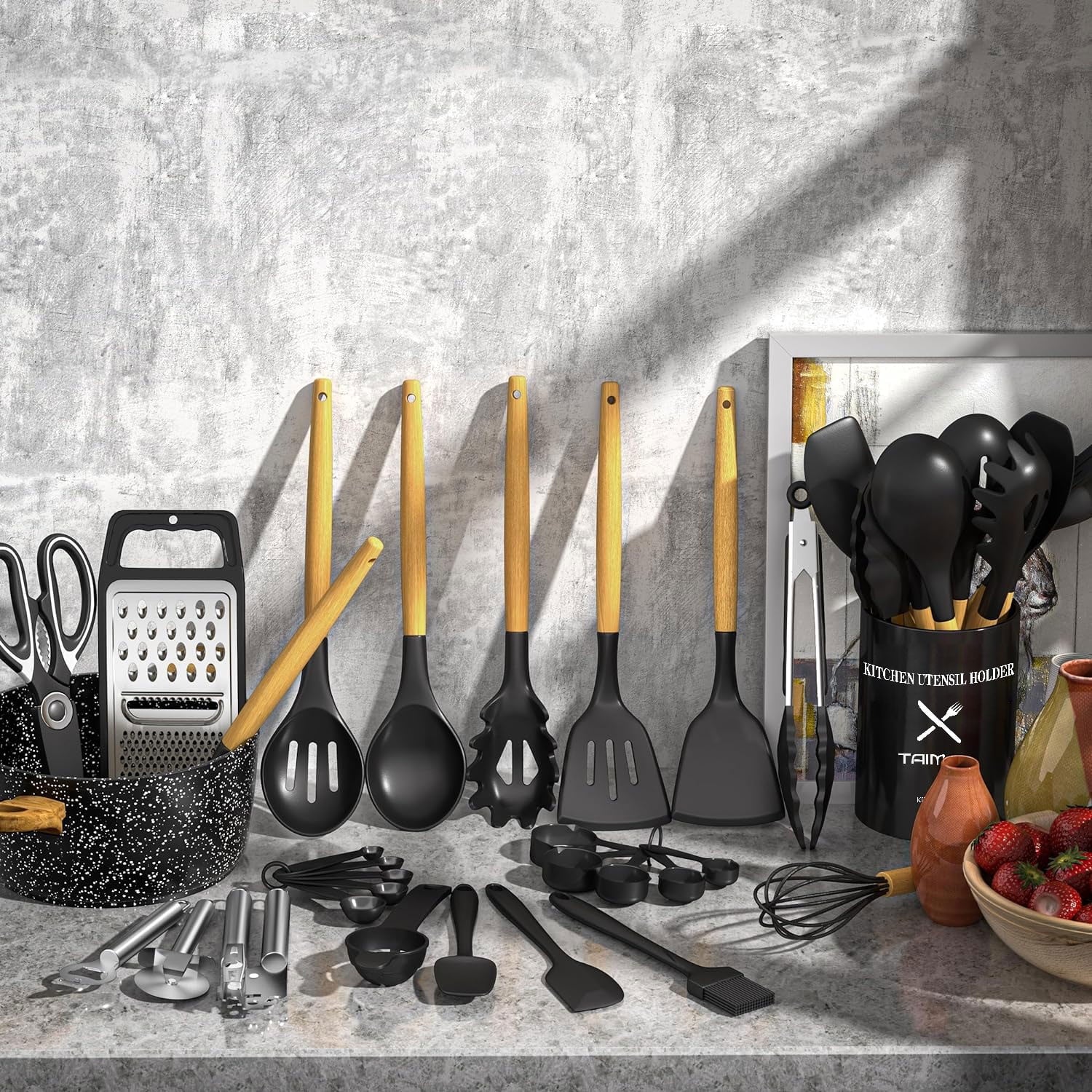 Chef-Quality Kitchen Utensil Set, 34Pieces Silicone Cooking Utensil Set with Wooden Handle, Heat Resistant Spatula Set Gadg... - Professional Kitchen Tool for Culinary Enthusiasts Detail
