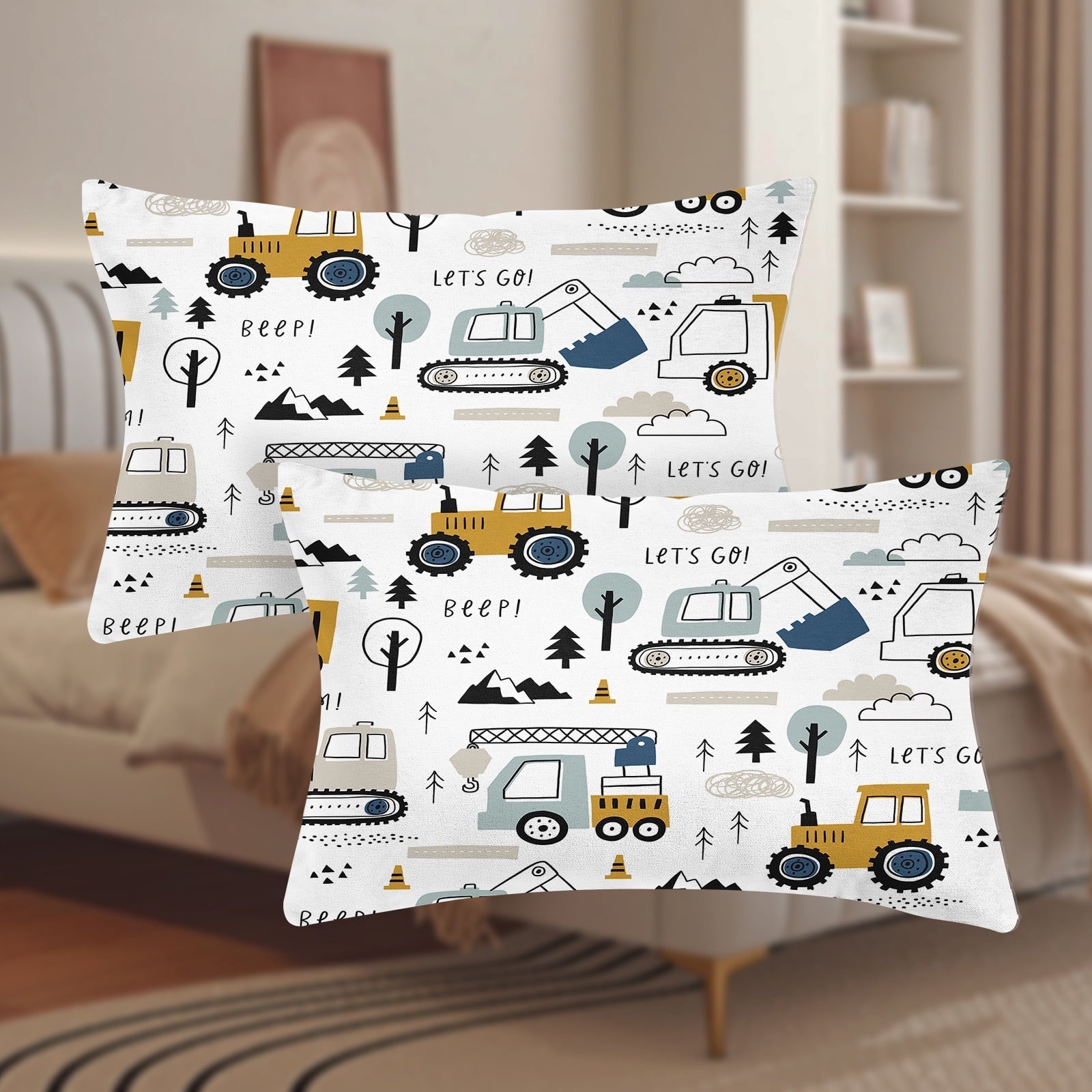 Cooling Sateen Cartoon Excavator Sheet Set for Kids Boys Truck Construction Bedding Set Engineering Vehicle Bed Sheet Sets with 1 Fi... - Cooling Hotel Quality Bedding Sheets and Pillowcases Detail