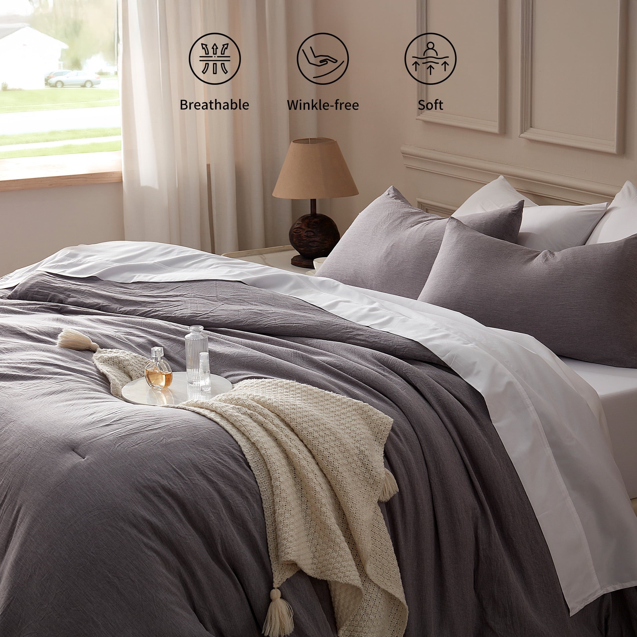 Hypoallergenic Cloud Washed Comforter Set Full Size - 3 Pieces Soft Luxury Cationic Dyeing Bedding Sets, Linen-Like Texture Breathable Wri... - Luxurious Quilted Duvet Cover Set Detail