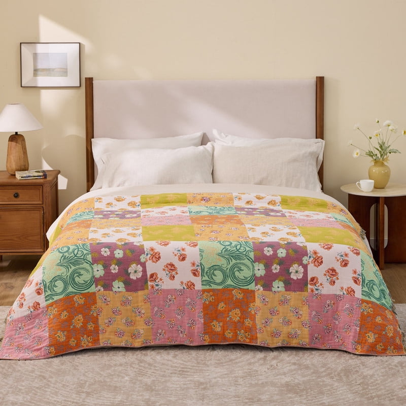 Reversible Sherpa 100% Cotton Boho Blankets for Home Decor – Colorful Patchwork Reversible Farmhouse Quilt Bedding, Vintage Woven Decor... - Luxury Knitted Decorative Throw Blanket with Fringes Detail