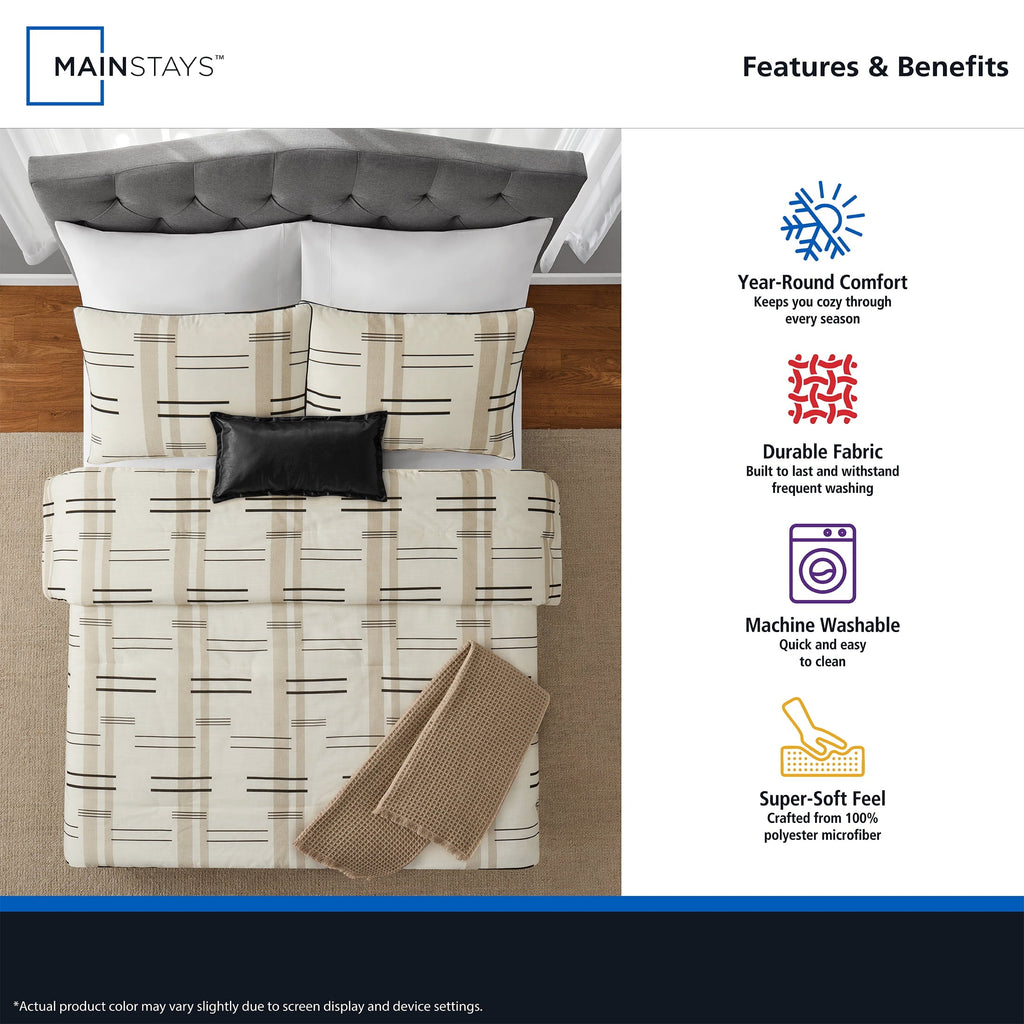 Heavyweight Warmth Full/Queen Comforter Set, All-Season, 5-Piece, Tan Modern - Luxurious Quilted Duvet Cover Set Detail