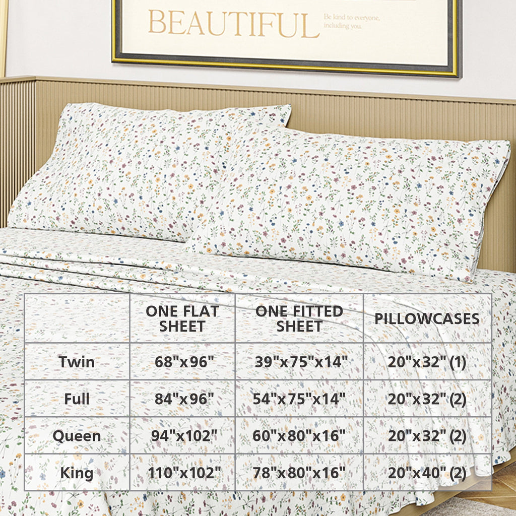 Ultra-Soft Botanical 4-Piece 100% Cotton Washed Percale White Sheet Set, Queen - Luxury Bed Sheet Set with Deep Pockets Detail